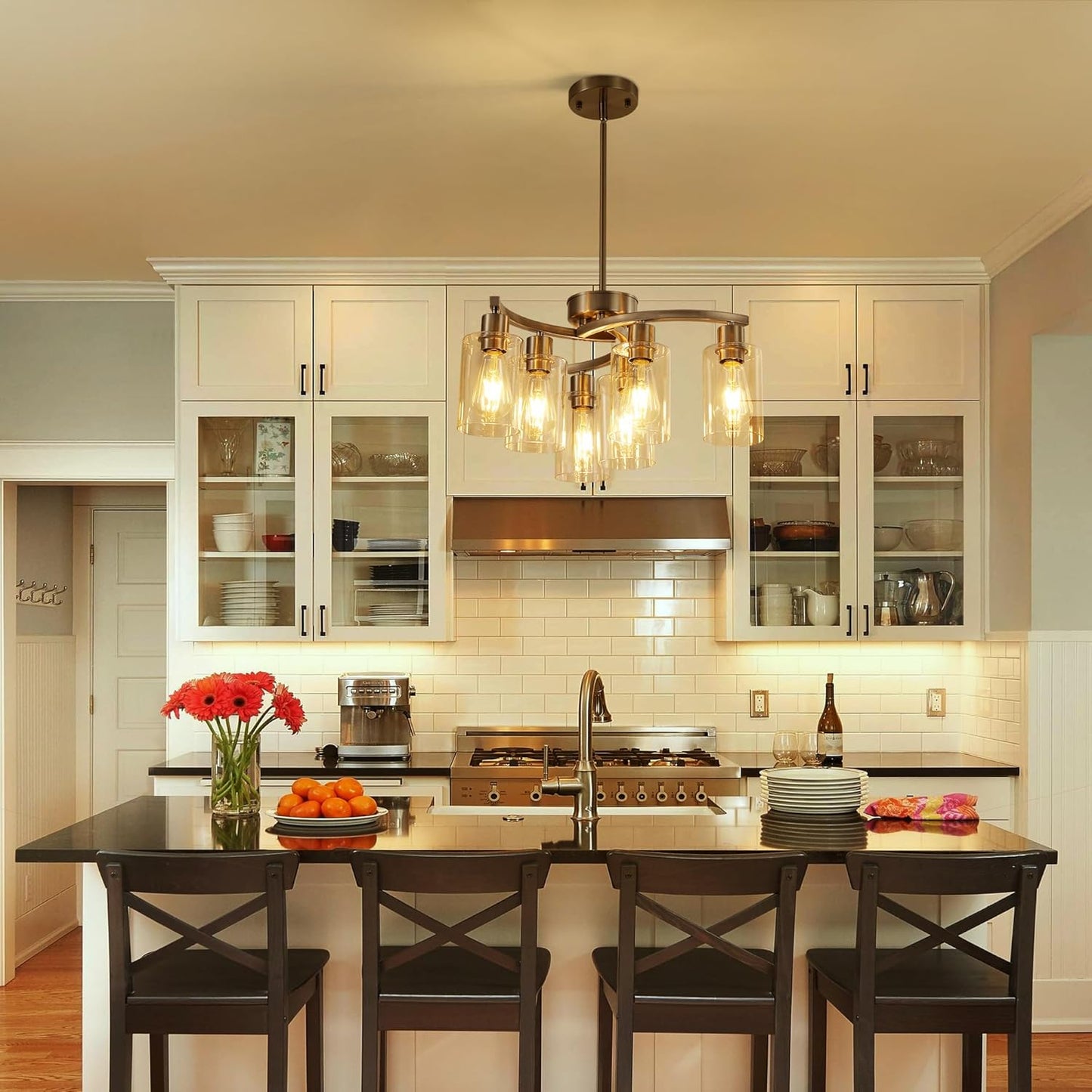 6 Light Modern Brushed Nickel Pendant Light Fixture For Dining Room，Contemporary Kitchen Light Fixtures Brushed Nickel，Adjustable Height Farmhouse Dining Chandeliers Over Table，With Glass Shade