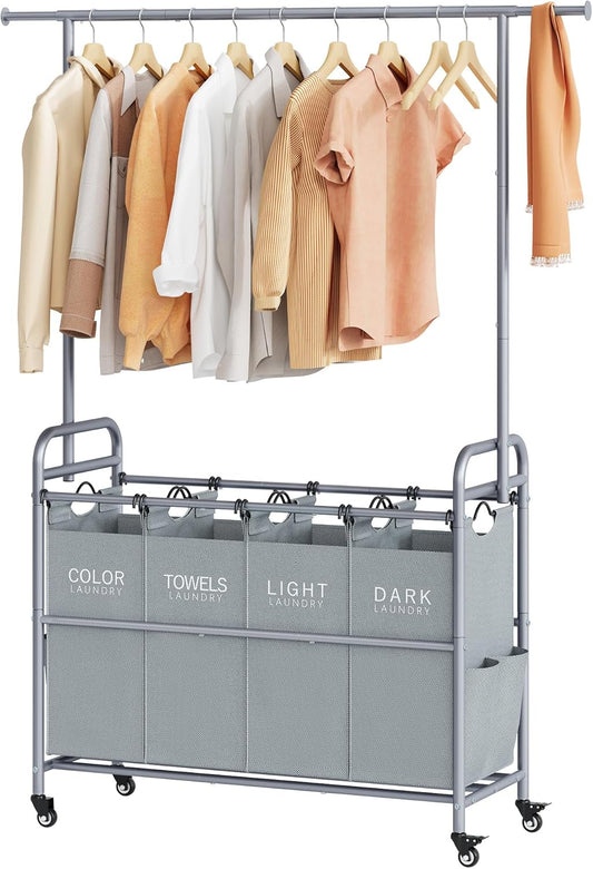 Tajsoon Laundry Sorter with Hanging Bar, 4 Section Rolling Laundry Hamper with Heavy Duty Lockable Wheels, Laundry Sorter Cart for Bathroom & Bedroom, Gray