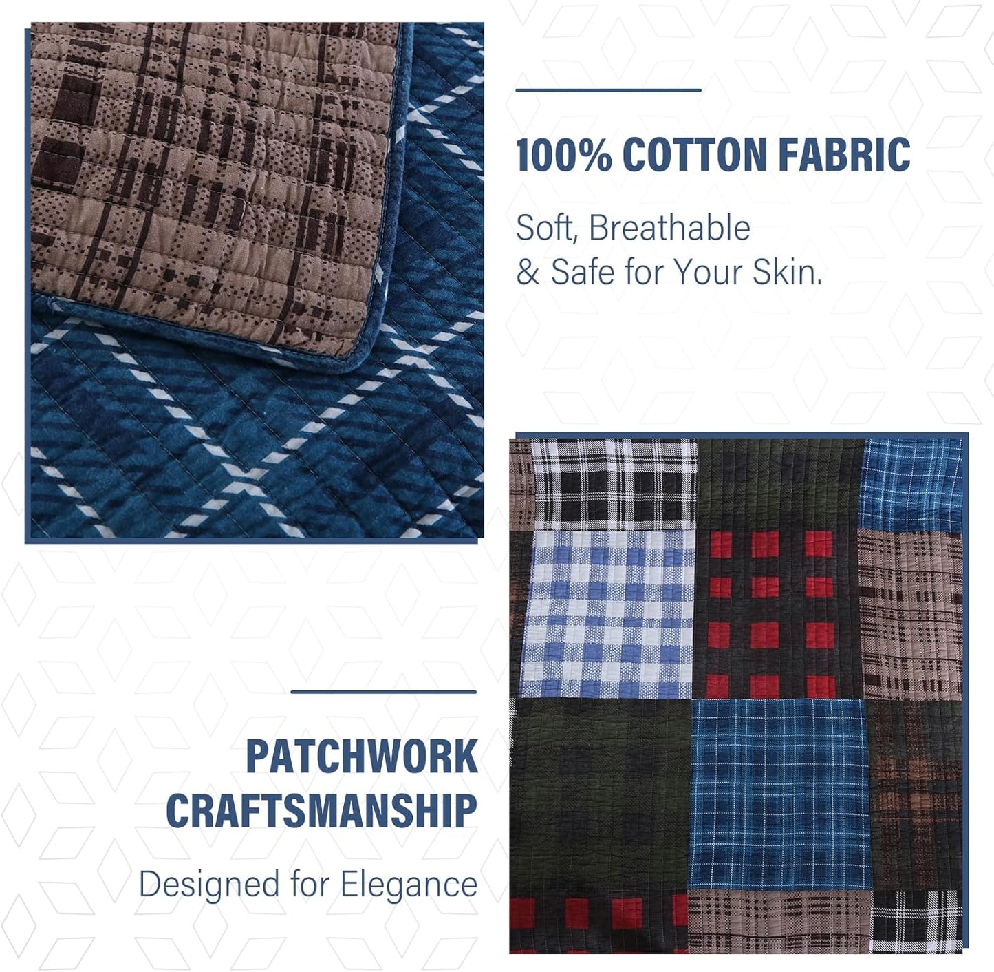 NEWLAKE Quilt Set King Size, Cotton Patchwork Blue Black Checkered Patterns Quilt Sets, Reversible Bedspread Lightweight and Breathable for All Seasons, Soft Quilted Bedspread with 2 Pillow Shams