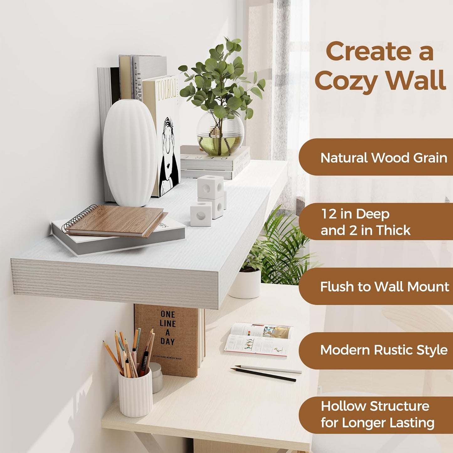 White Floating Shelves 36 Inch Long, 12 Inch Deep Floating Shelves for Wall, 36 x 12 Shelves for Wall Storage & Display, 2" Thick Floating Shelf for Bathroom, Living Room, Bedroom, Set of 1