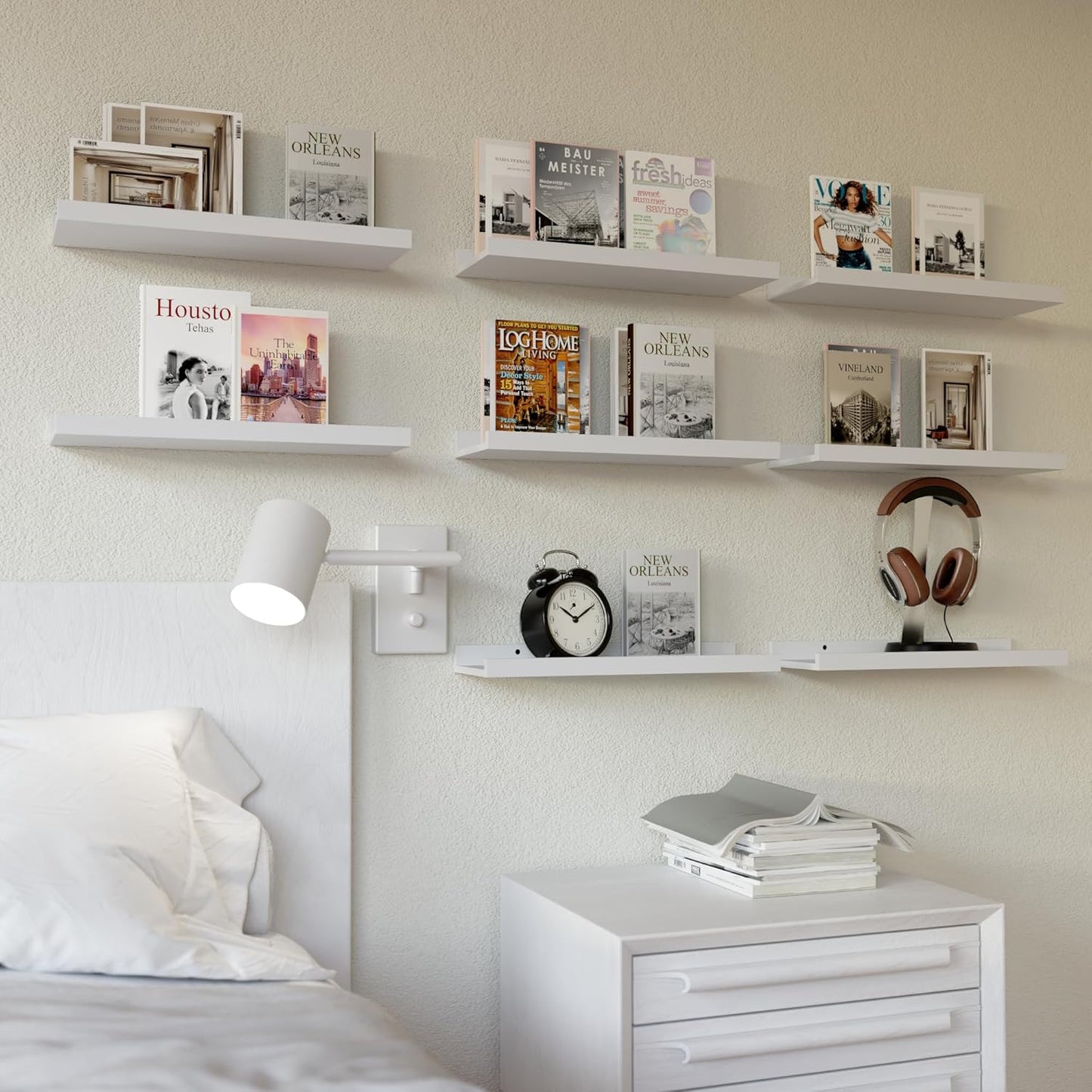 RICHER HOUSE 8 Set Floating Wall Mounted Shelves, Nursery Hanging Book Shelves with Lip for Storage, White Display Picture Ledge Shelf for Bedroom Bathroom Kitchen Living Room Wall Decor, Modern White