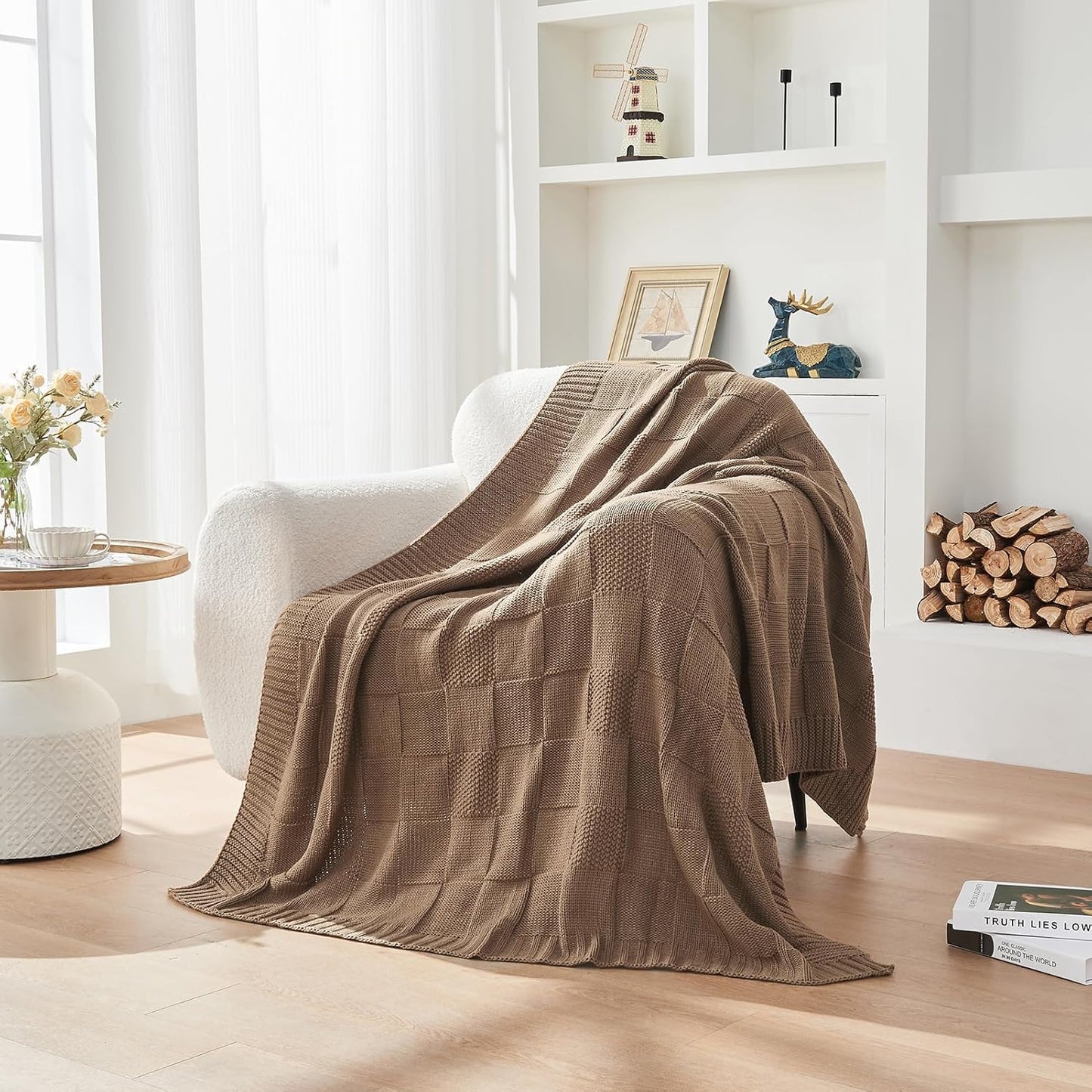 CozeCube Check Knit Throw Blanket, Light Brown Checkered Throw for Couch, Decorative Christmas Soft Cozy Warm Knitted Blanket for Bed Sofa Living Room, 60"X80"