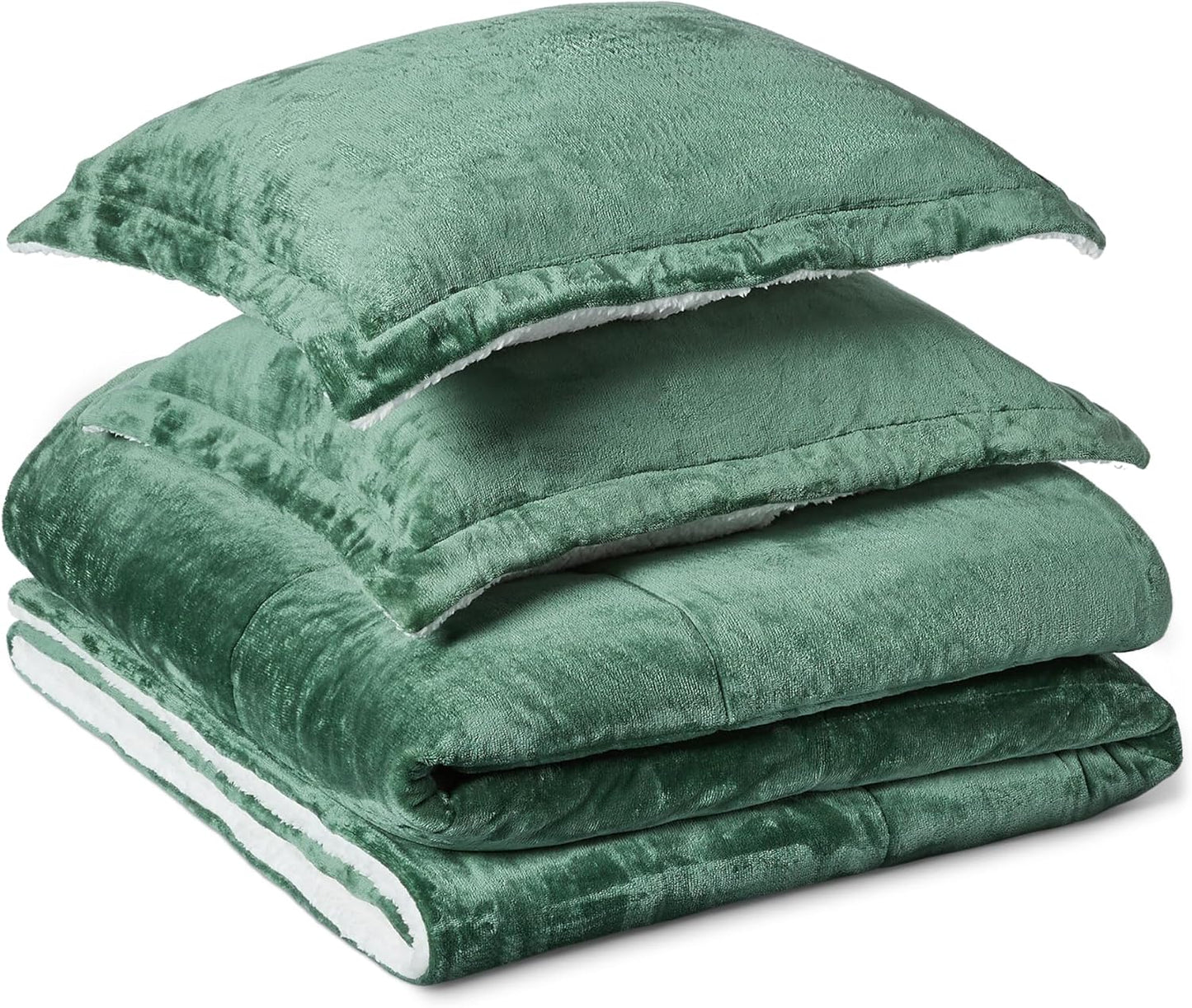 Amazon Basics Reversible Sherpa Comforter Set with Pillow Sham, Green, Queen/Full