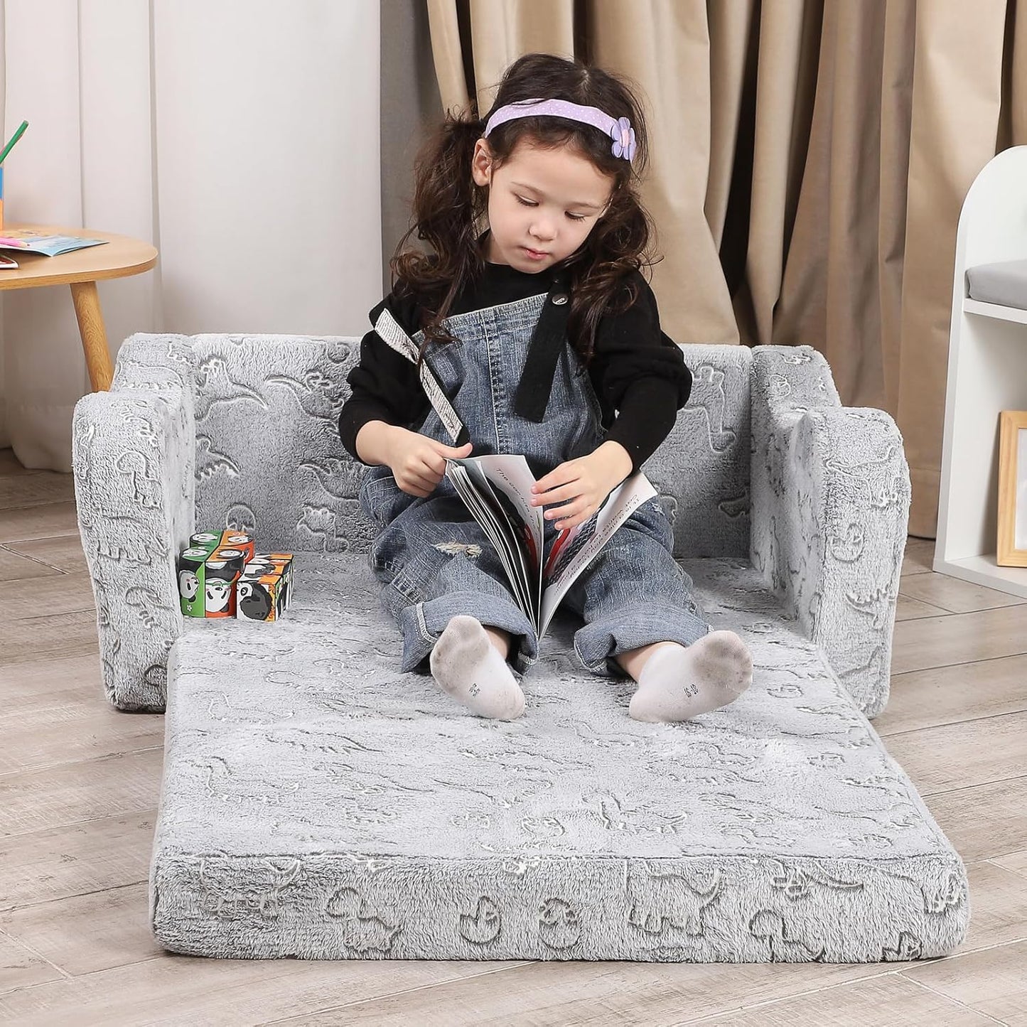 Kids Extra Wide Glow in The Dark Chairs for Toddler, 2-in-1 Toddler Soft Sherpa Couch Fold Out, Convertible Sofa to Lounger for Girls and Boys, Dark Grey