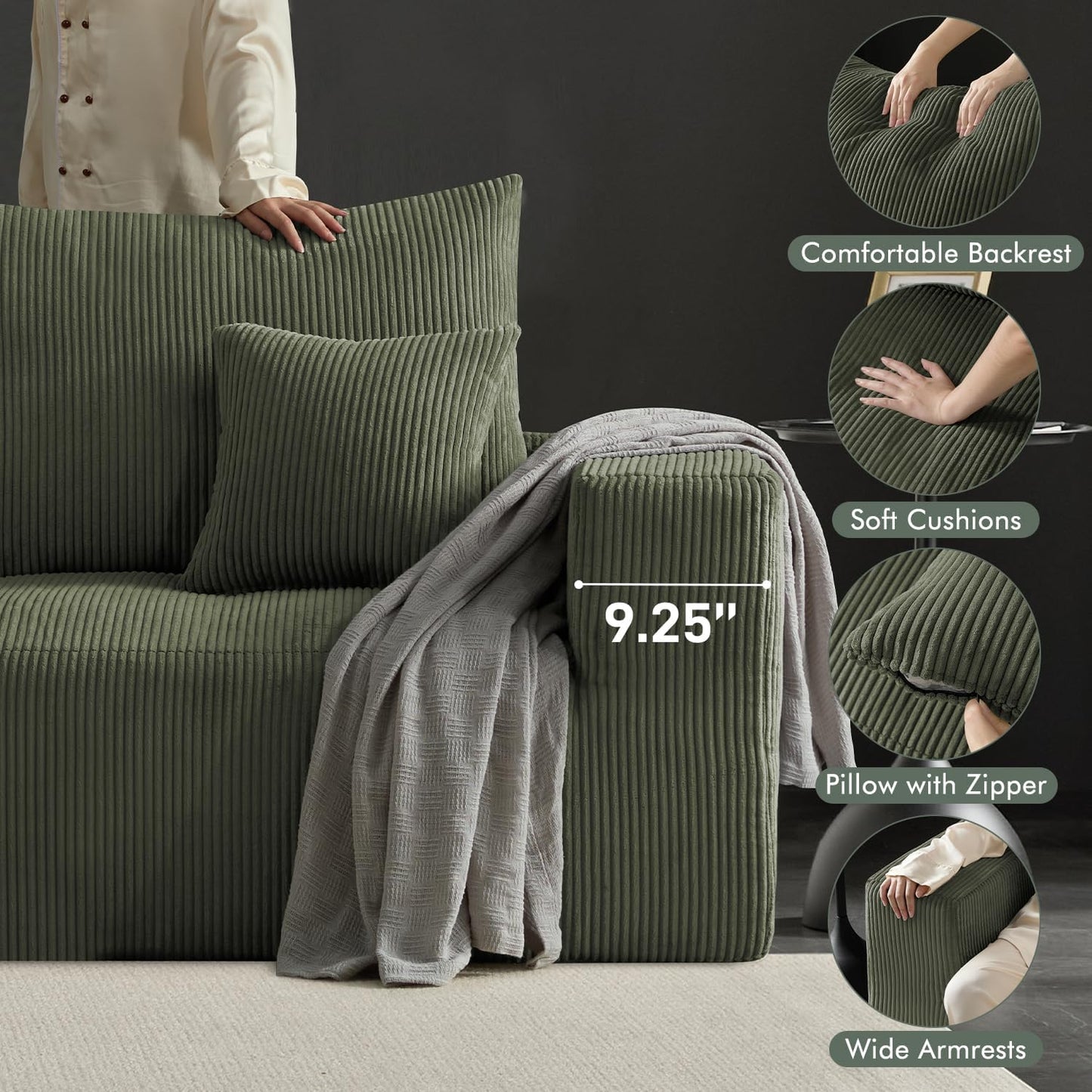 Boneless Sectional Cloud Couch Sofa Bed for Living Room, 112" Modular Modern Lounge 3 Seater Sleeper Green Couches with Chaise, No Assemble, Cordury Compression Upholstered Sofas