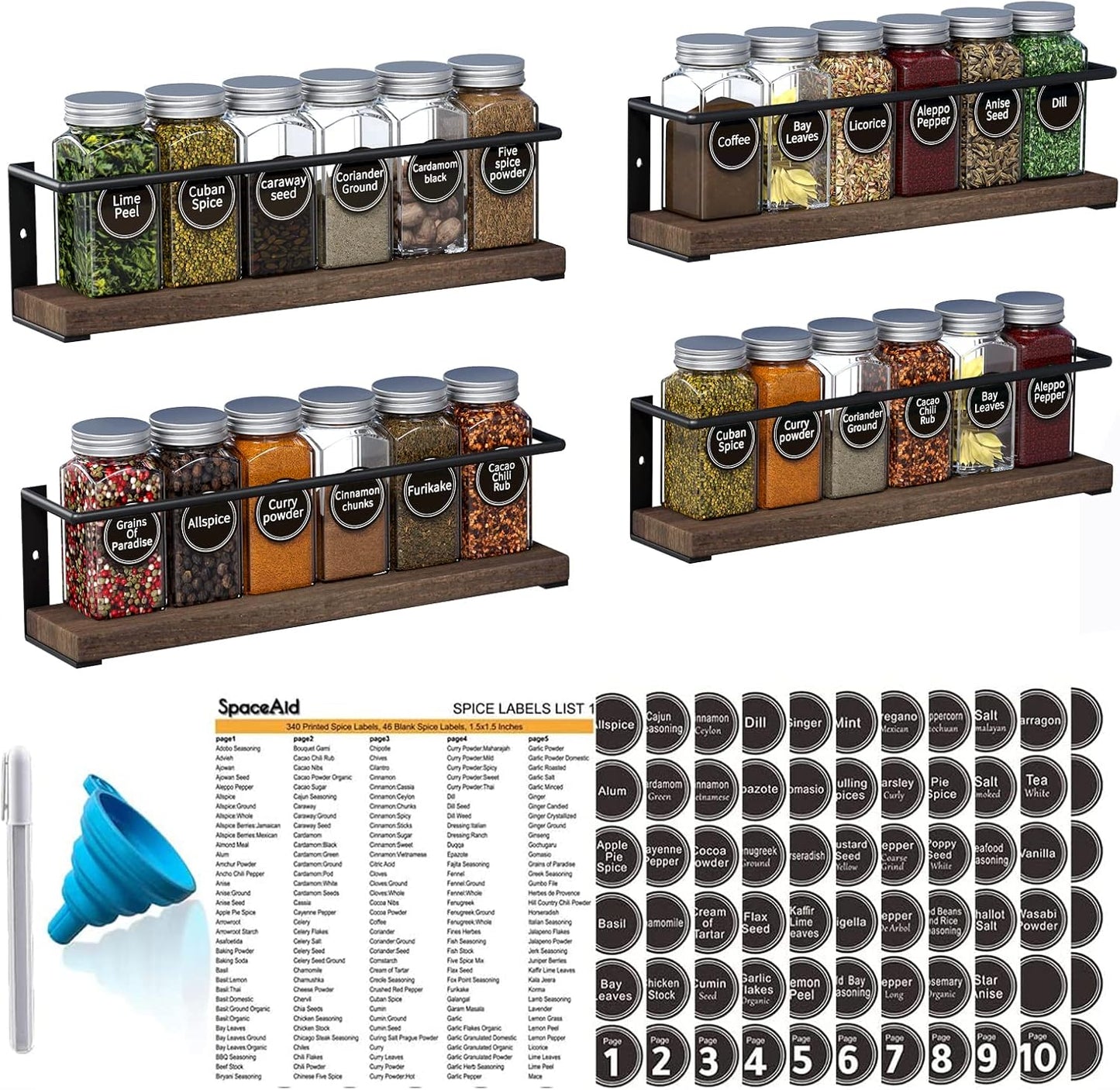 SpaceAid Spice Rack with 24 Spice Jars, 386 Spice Labels, Chalk Marker and Funnel, Wood Hanging Seasoning Shelf for Cabinet Door or Wall Mount (4 Pack)