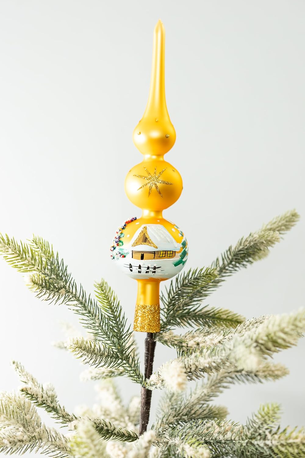 Christmas Tree Topper Spitz Glass Mouth Blown Hand-Decorated Embellishments (Gold, 12 inch)