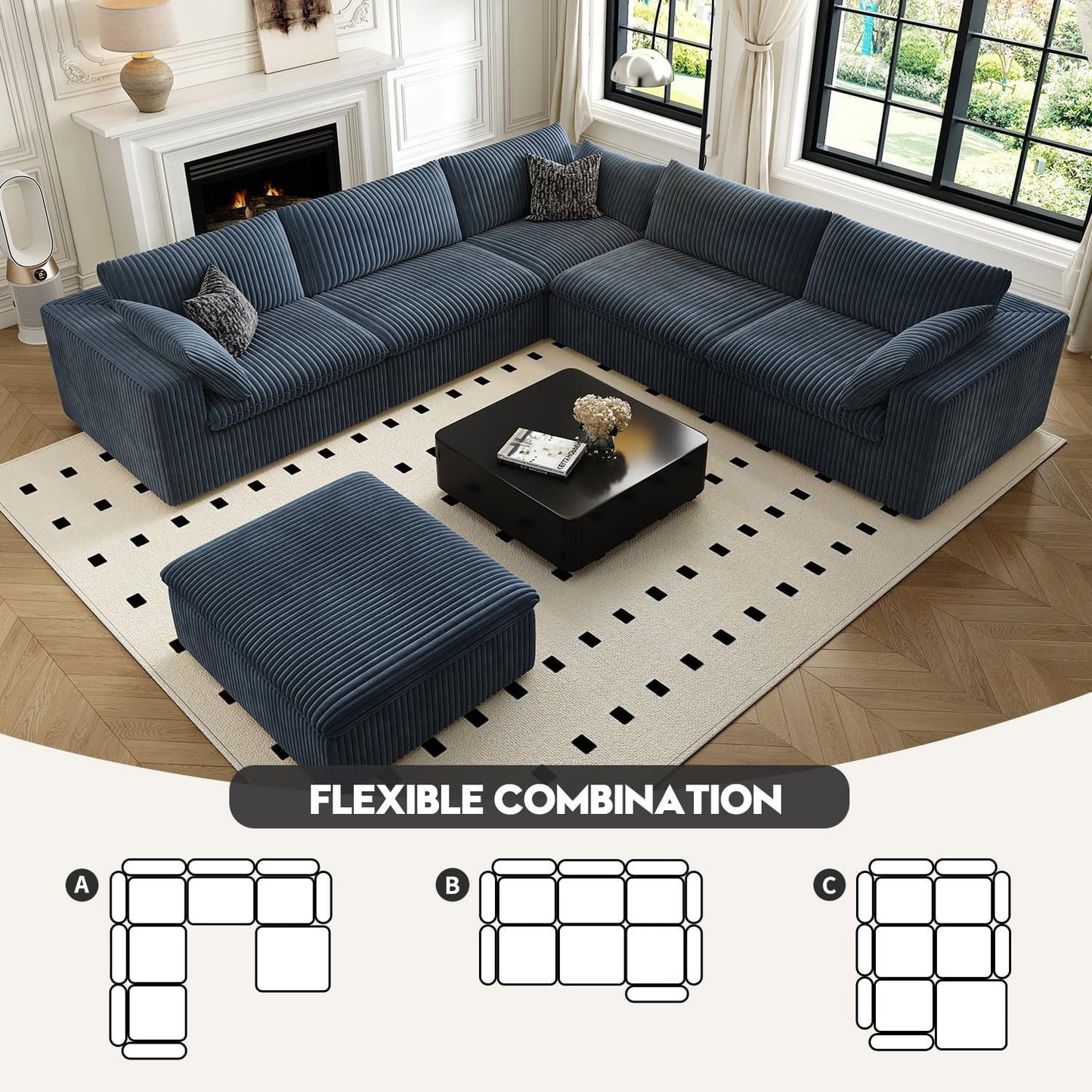 118" Cloud Couch Oversized Modular Sectional Sofa for Living Room,Modern Sofa with Deep Seat，6 Seater Boneless Couch,Comfy Upholstered Corduroy Couches for Apartment, Studio, Office,Bedroom，Blue