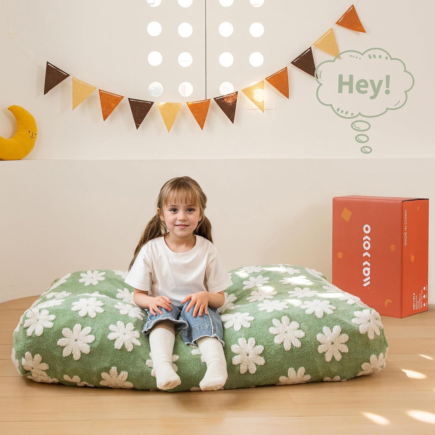MAXYOYO Bean Bag Chair Bed for Kids, Convertible Bean Bag from Lazy Chair to Floor Bed, Fresh Floral Design Cover, Stuffed Floor Sofa Couch for Boys and Girls, High-Density Foam Filling, Green