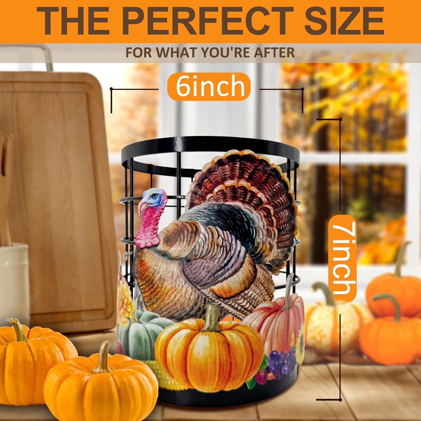 Thanksgiving Turkey Utensil Holder, Thanksgiving Turkey Pumpkin Kitchen Decor Utensil Organizer for Countertop, Fall Metal Cooking Tools Farmhouse Counter Decor, Kitchen Gifts Utensil Caddy Harvest