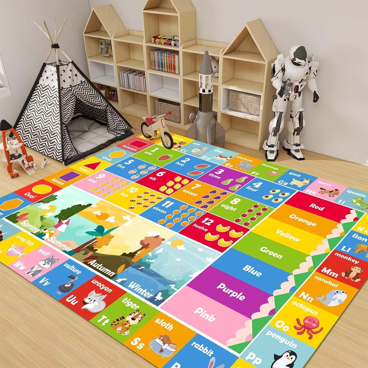 Kids Rug ABC Rug, Play Mat for Kids Playroom ABC Educational Area Rug for Playroom Classroom Elementary Preschool Rugs wtih Numbers Animals (3.3x4.9ft)