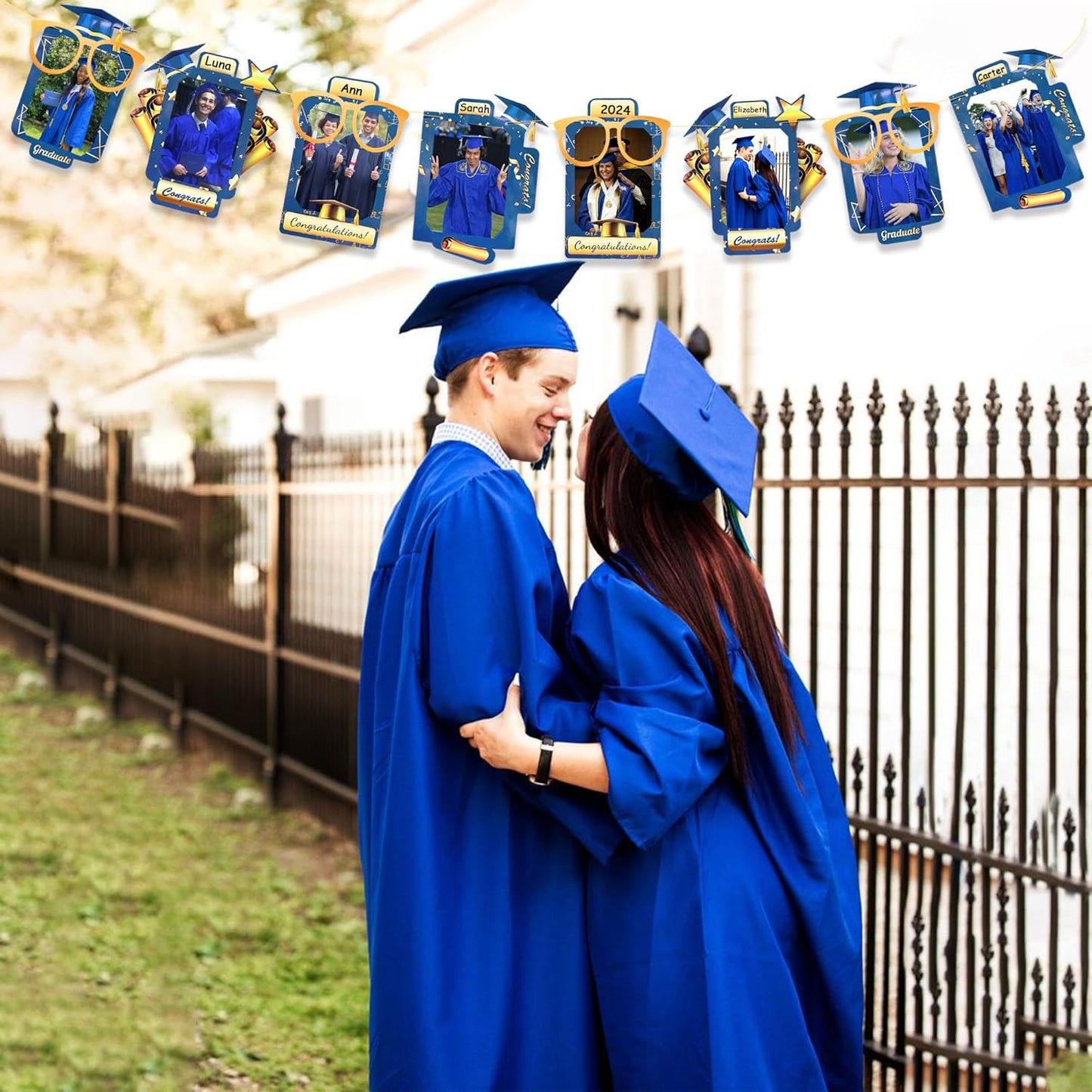 pinkblume Graduation Party Decorations Navy Blue and Gold Grad Photo Banner Royal Blue Gold Congrats Grad Photograph Bunting Garland for 2025 Graduation Celebration Party Decorations Supplies