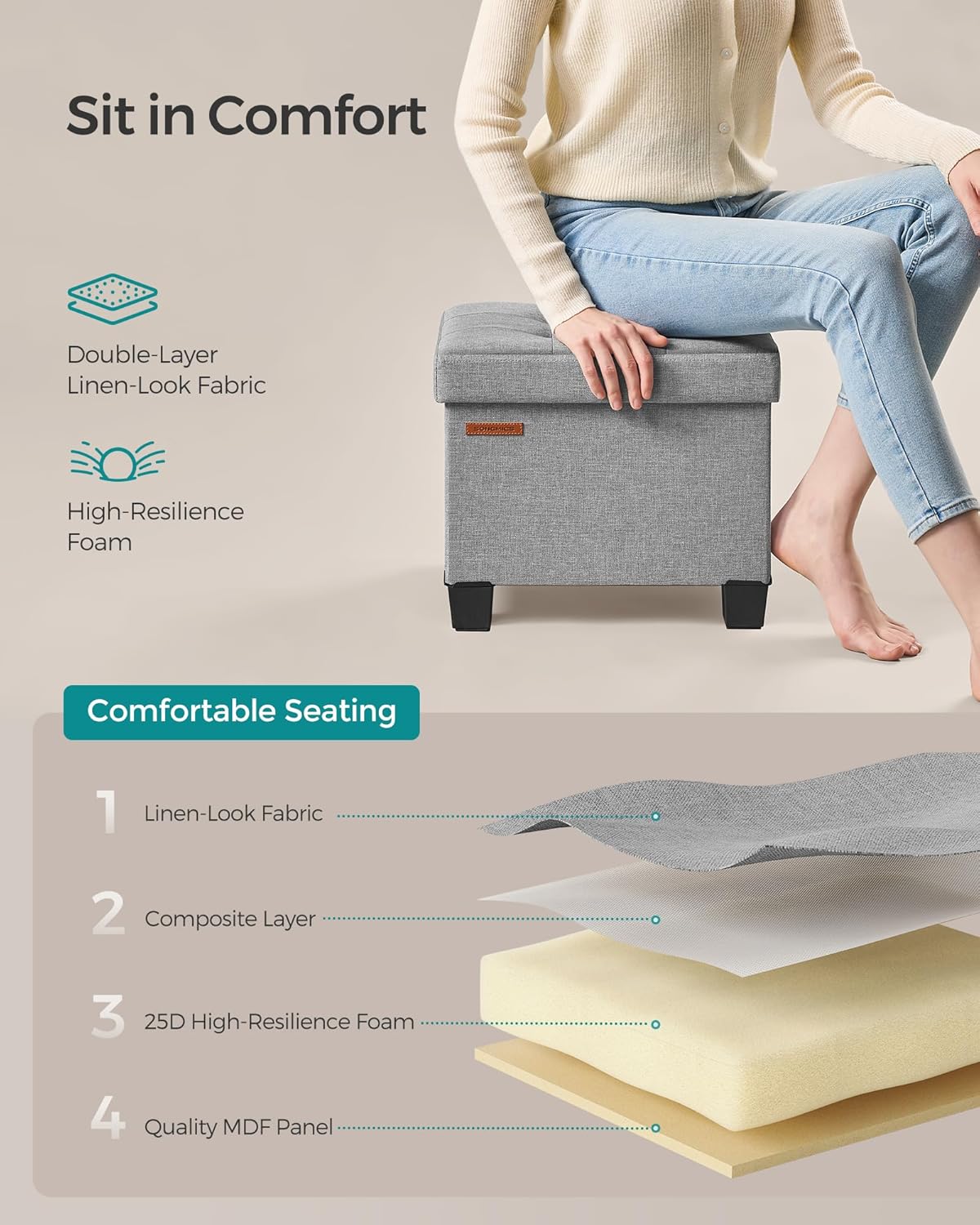 SONGMICS Storage Ottoman, Small Ottoman Foot Rest with Legs, 12.6 x 15.8 x 13.2 Inches Foot Stool, Load up to 660 lb, for Living Room, Bedroom, Dorm, Dove Gray ULSF012G02