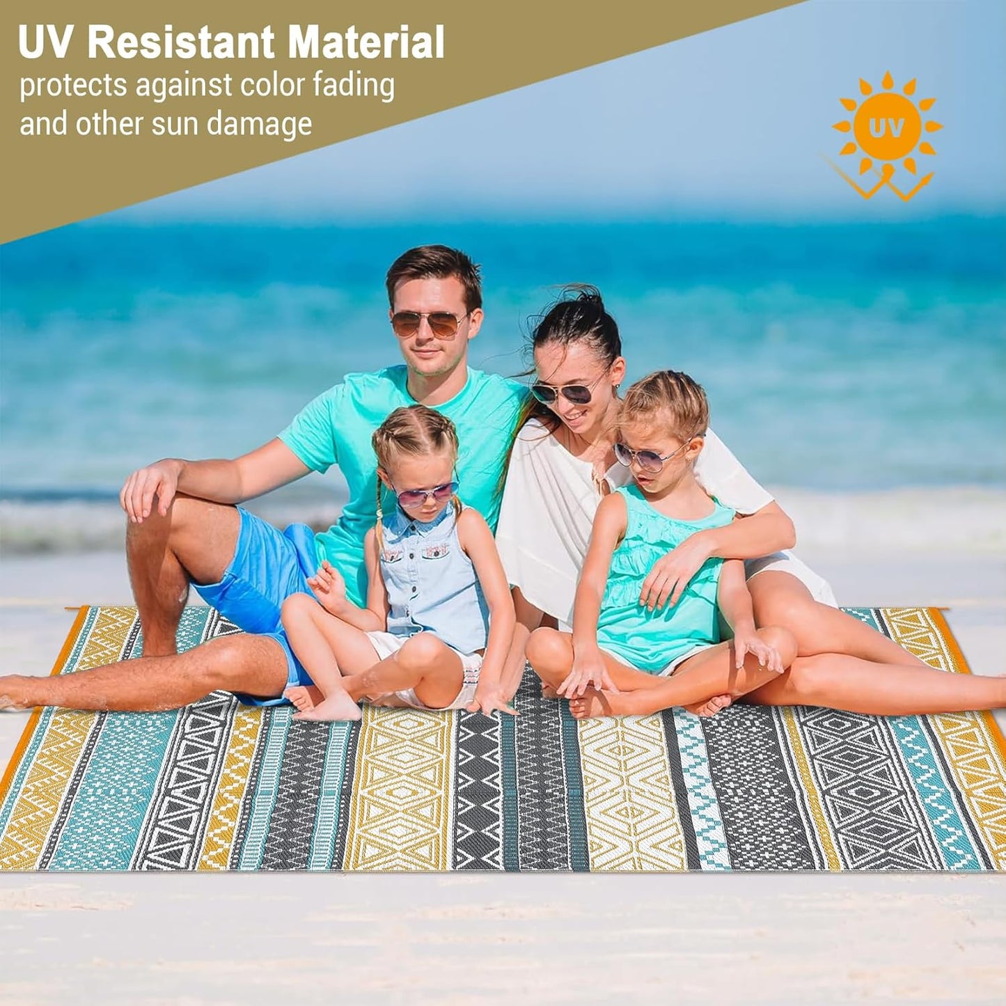 GAOMON Outdoor Rug for Patio 5'x8' Reversible Plastic Rugs Camping Mat for Outdoor, RV, Backyard, Deck, Balcony, Picnic, Beach, Teal/Yellow(Bohemia)