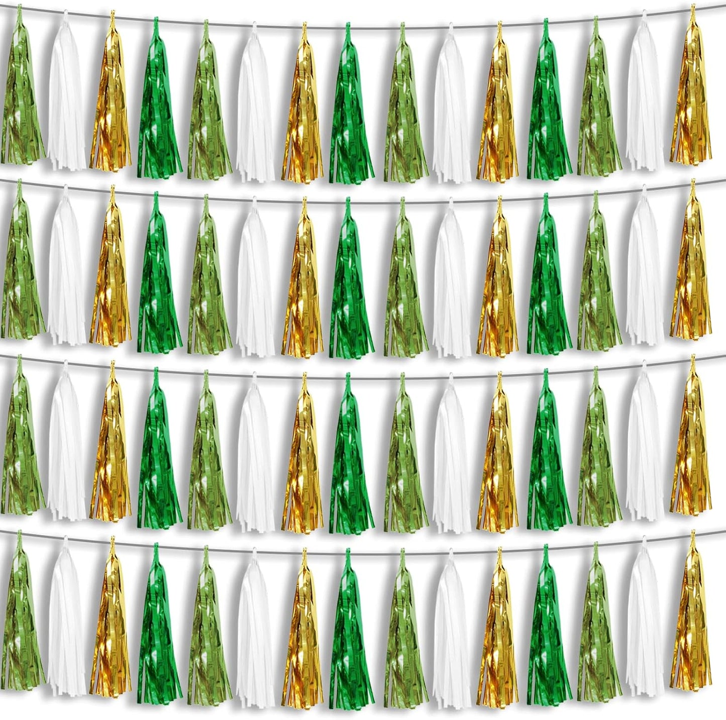 4P Sage-Green Beige-Mint Gold Foil Fringe Metallic Tassel Garland Banner, Tassels Banner Streamers for Parade Floats, Bachelorette, Wedding, Birthday, Christmas, Bridal/Baby Shower Party Decorations