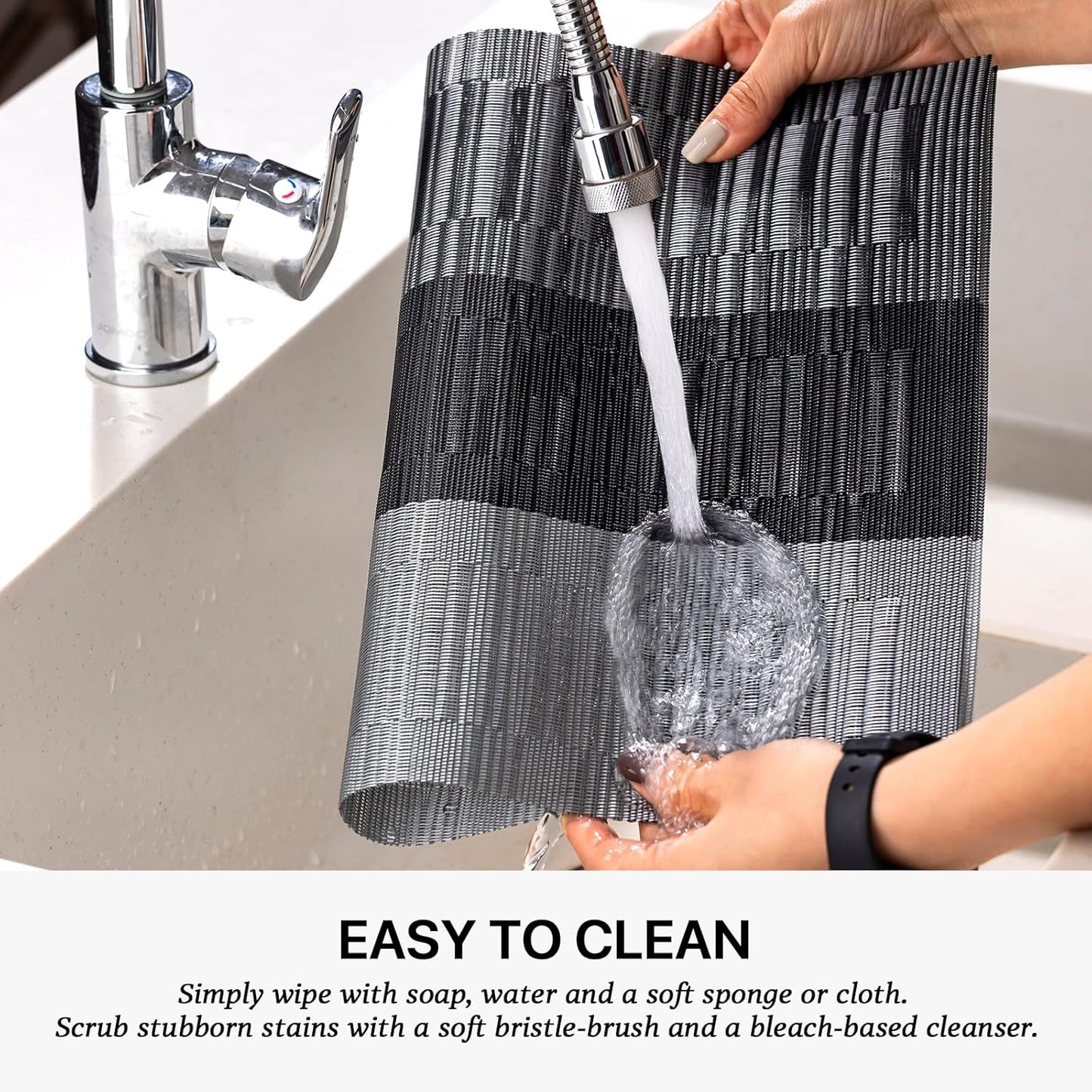 LEXMORE Placemats Set of 4 Vinyl/Plastic Woven Place Mats for Kitchen Table Indoor/Outdoor Washable Placemat Wipeable Dining Table Mats(E-Silver Gray Black)