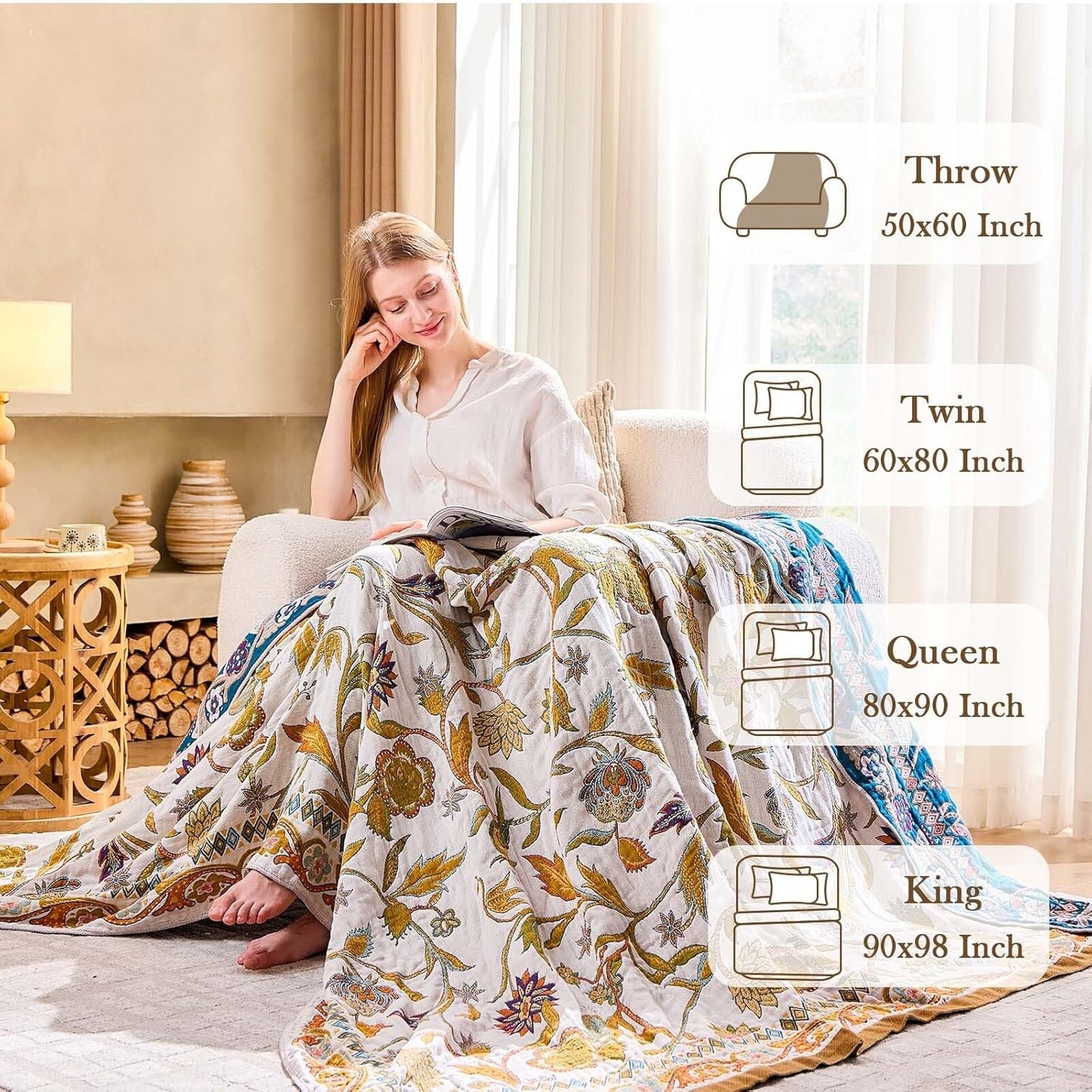 Fall Throw Blanket for Couch, Brown Boho Decorative Throw Blanket, 100% Cotton Muslin Breathable Woven Farmhouse Blankets Quilt, 50"x60" Reversible Lightweight Blankets Bohemian Throw Quilt