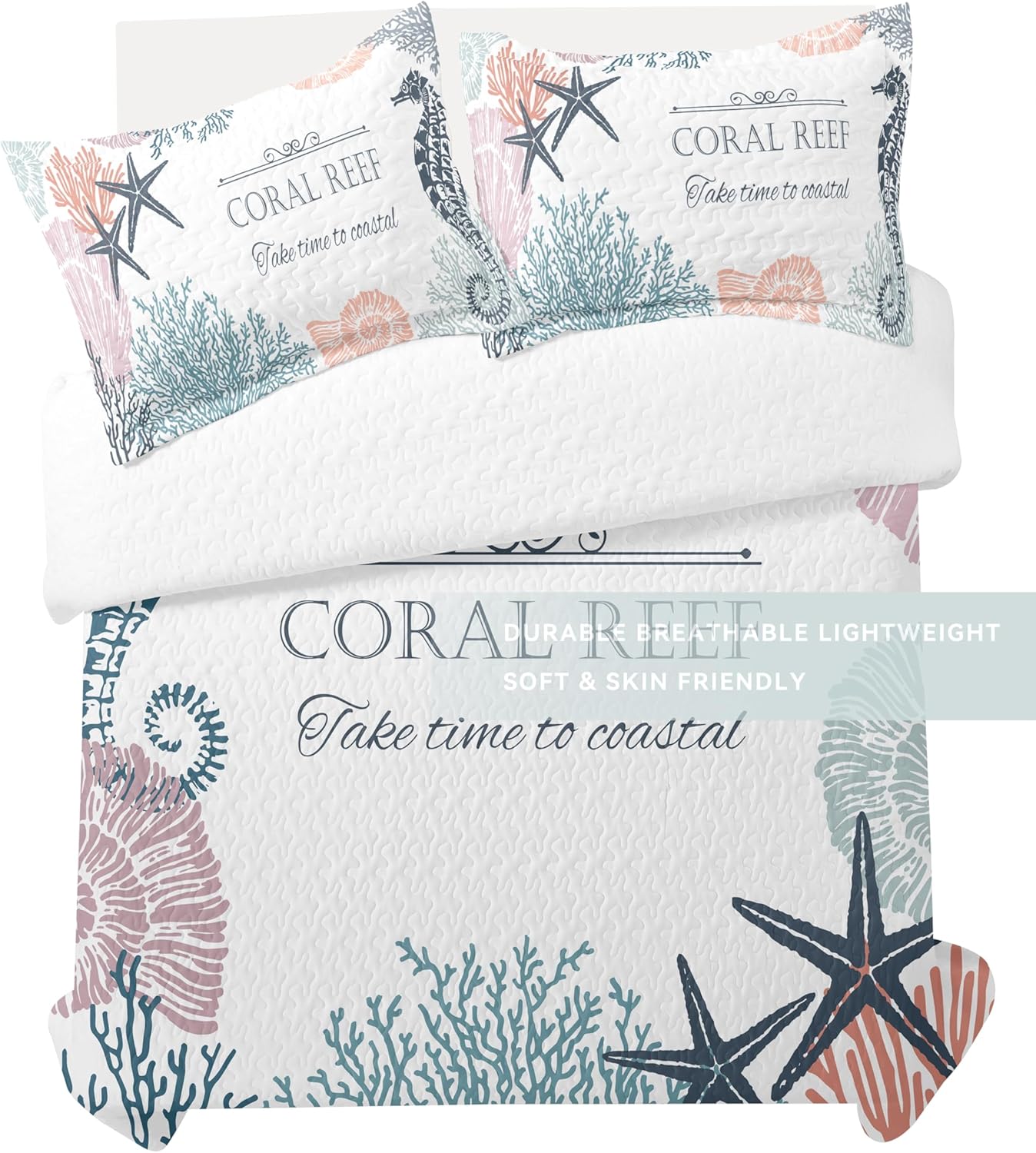 Coastal Bedding King Size 2 Shams, Nautical Beach Comforter Sets Ocean Bedspreads Coastal Coverlet Summer Bedding, 96''x106''