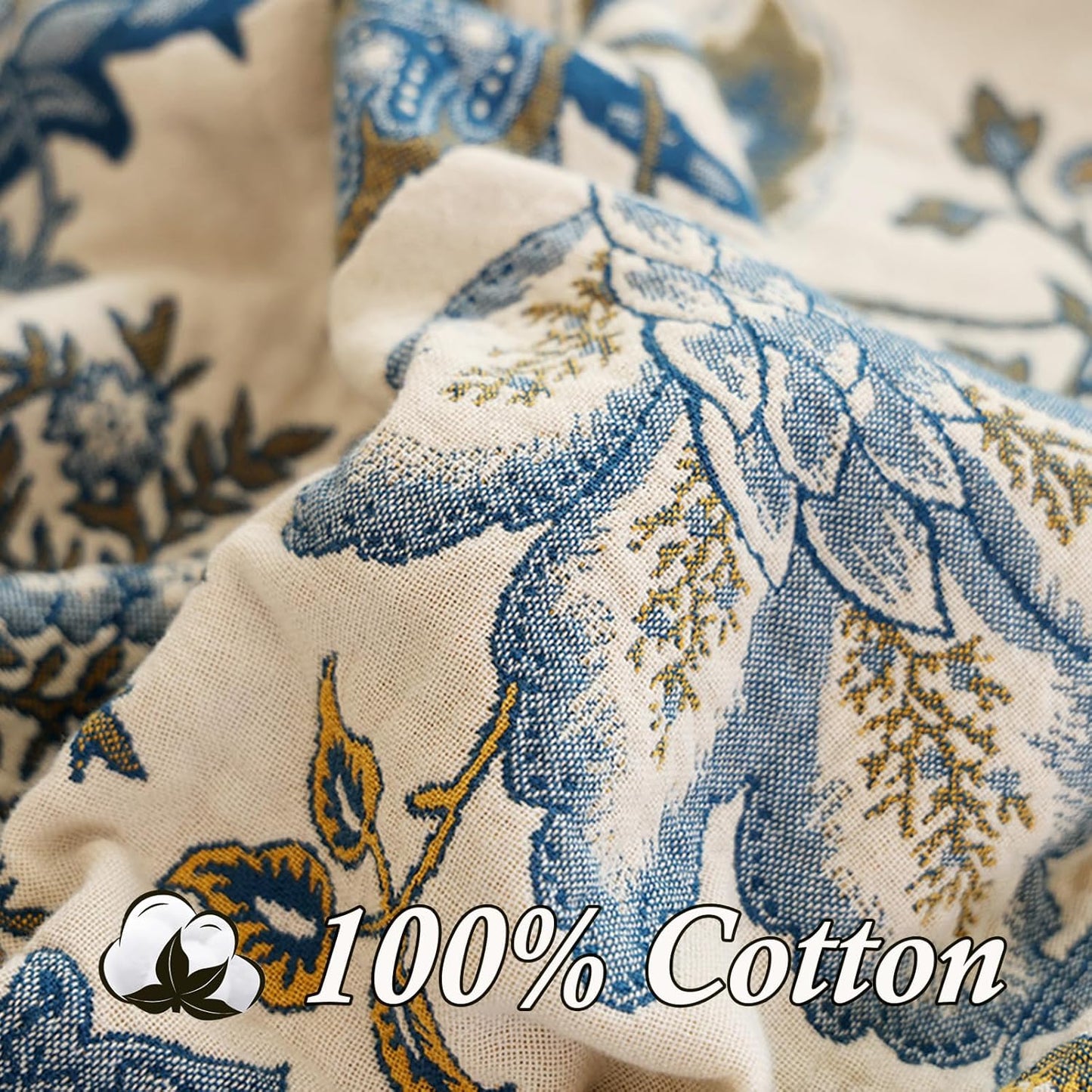 Snycler Boho Throw Blanket for Bed - 100% Cotton Ultra Soft Rustic Quilt - White Blue Floral Printed Farmhouse Decor Bed Blankets, 60"×80" All Season Rustic Throw for Sofa Couch Chair