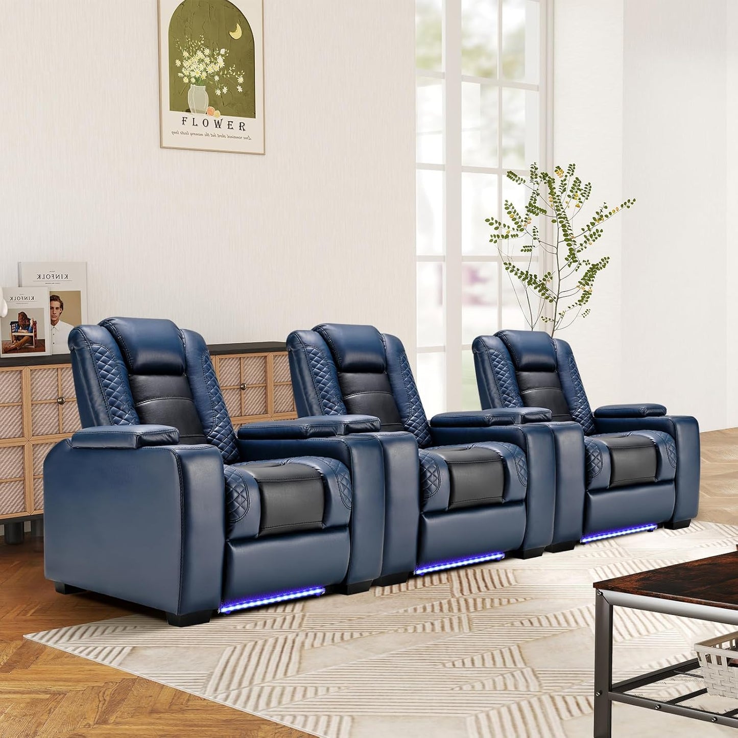 ANJ Power Home Theater Seating Set of 3, Blue Faux Leather Electric Recliner Chair with Powered Headrest, Dual Motors Movie Reclining Chairs with LED Lights,USB Port,Cup Holders, Hidden Arm Storage