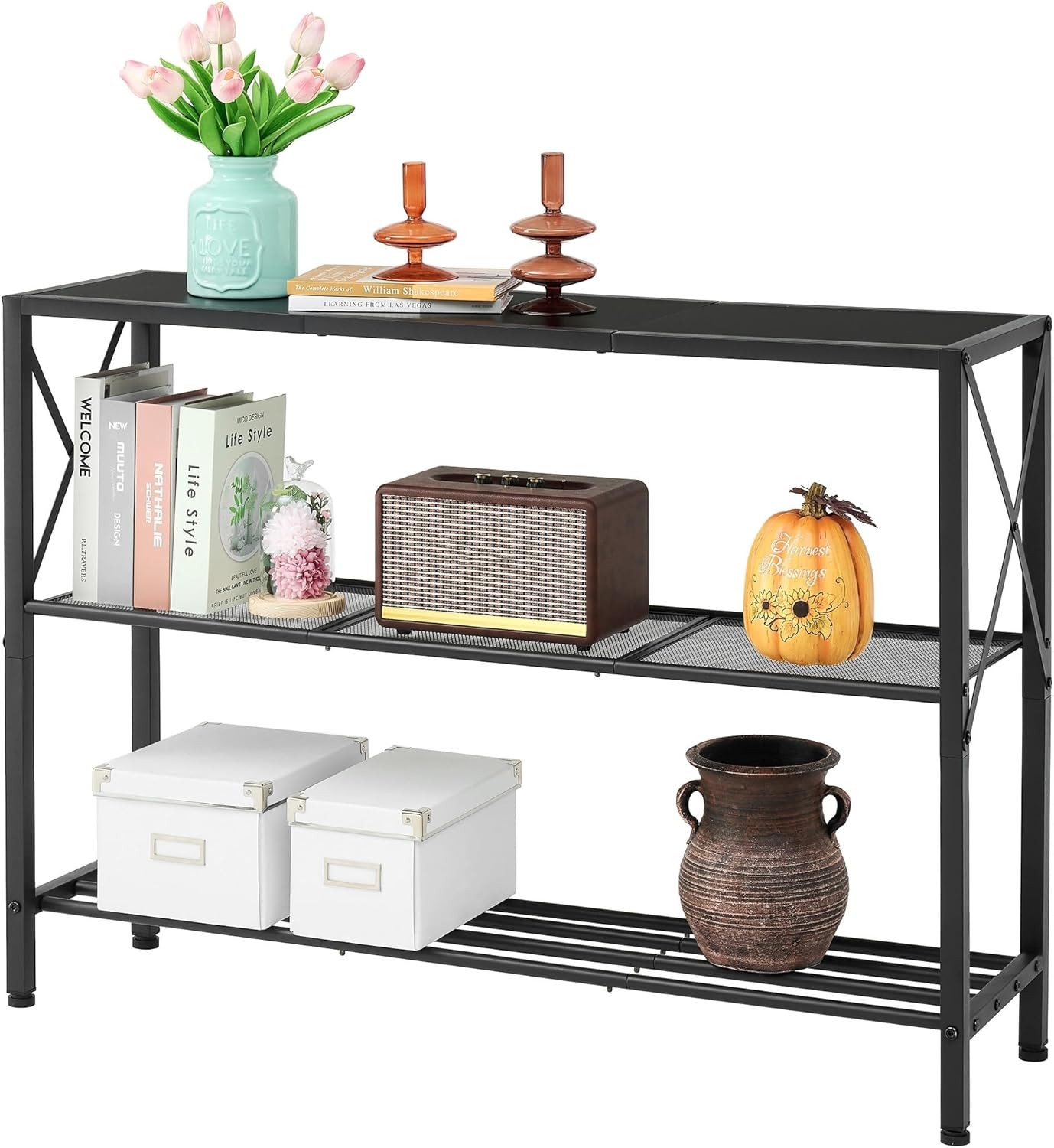 Hoctieon Industrial Console Table, 3 Tier Entryway Table, Hallway Table, Narrow Sofa Table with Shelves, Entrance Table for Entryway, Living Room, Foyer, Hallway, Office, Black