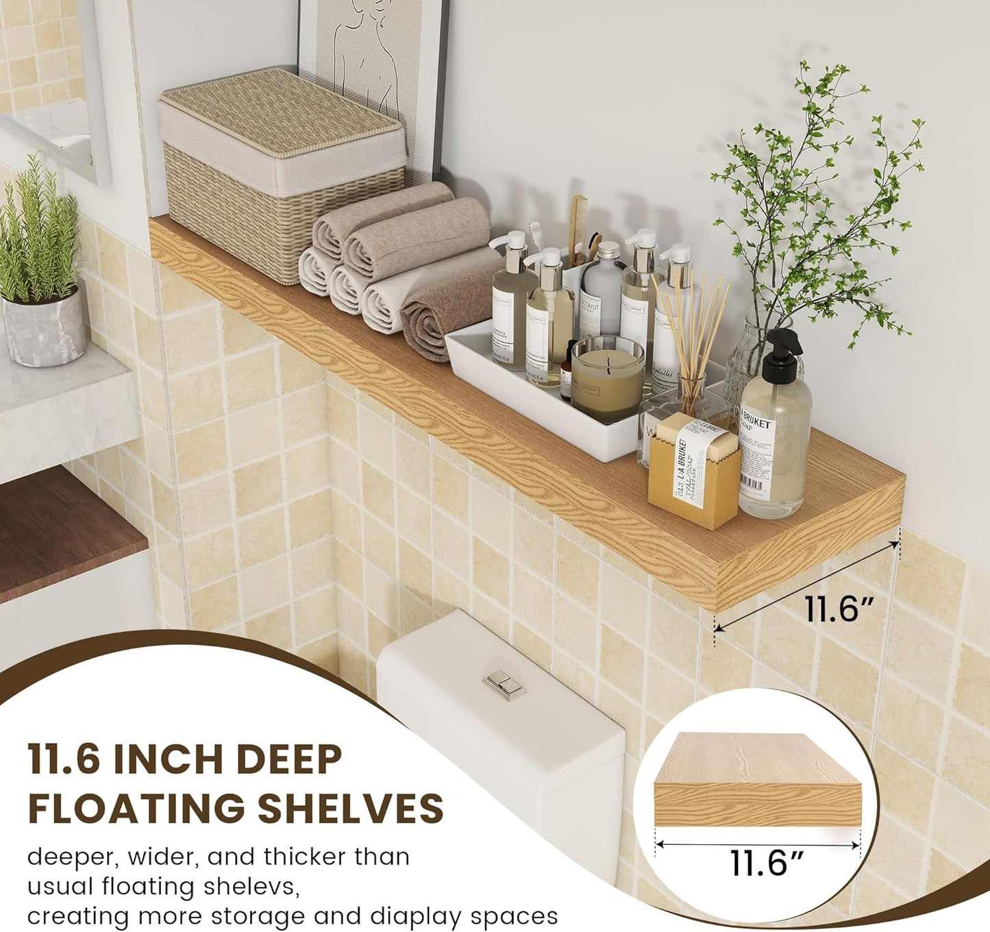 12 Inch Deep Floating Shelves for Wall, 48W x 12D Rustic Oak Wood Floating Shelves, Large Floating Shelves Set of 1 for Living Room Bathroom Laundry Room Bedroom Kitchen Home Office - Oak