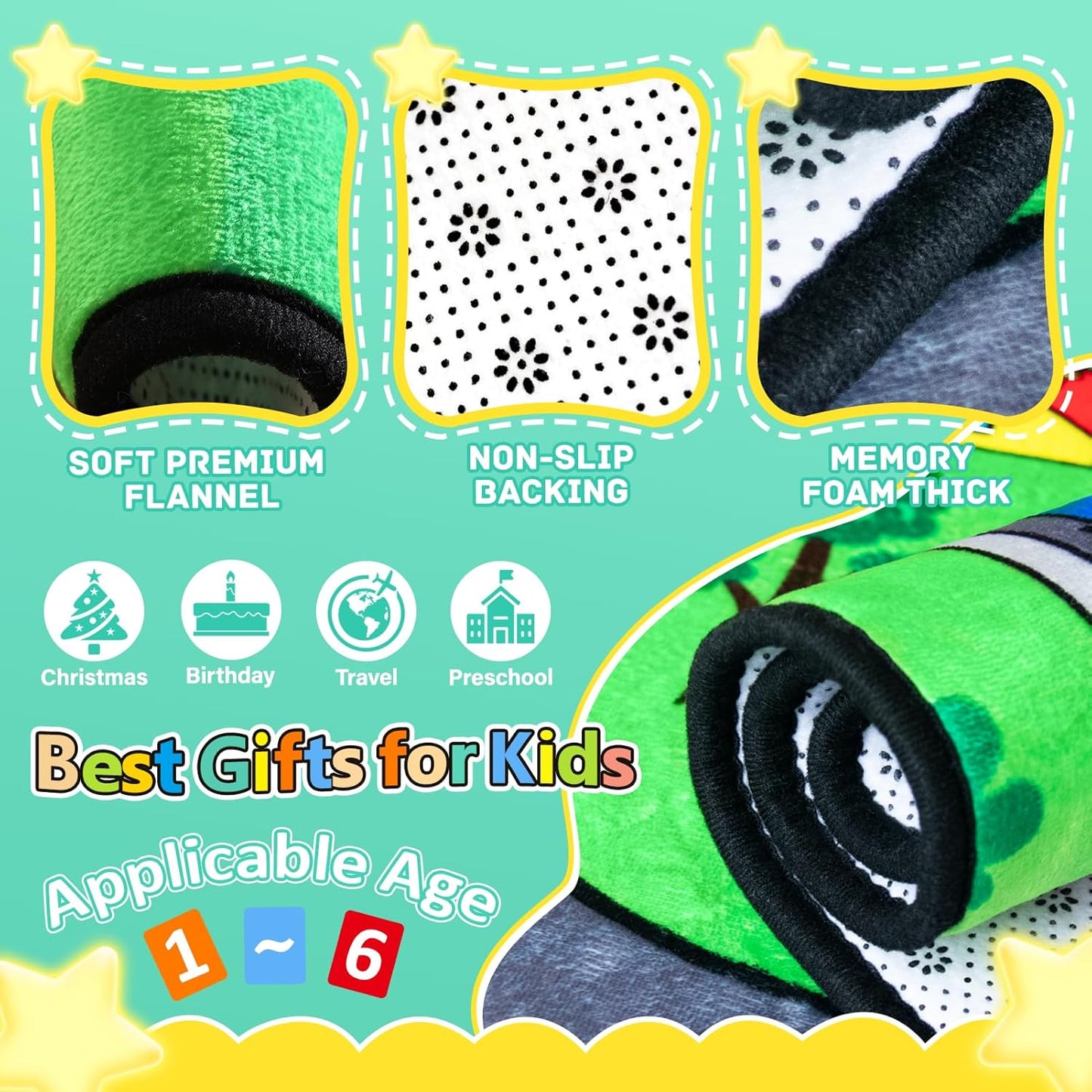 Kids Rug, Car Carpet for Kids' Toy Cars, 5x7 Ft Dinosaur Rug, Dino Safari Road Mat for Playroom, Educational Learning & Game Area Baby Play Mat Carpet for Children