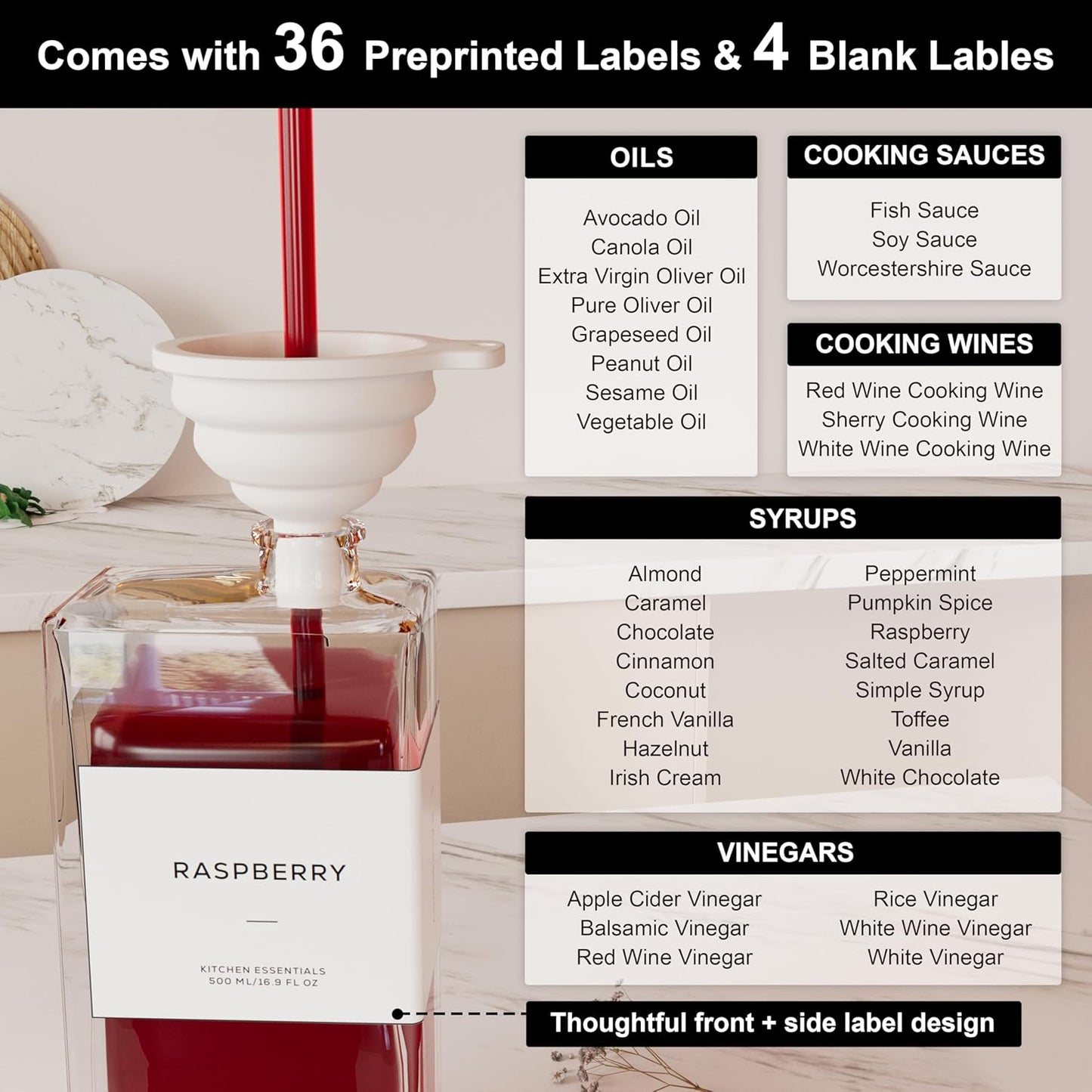 Olive Oil Dispenser for Kitchen, 16.9 oz/ 500 ml Olive Oil Dispenser Bottle, Glass Oil Bottles for Kitchen with 4 Stainless Steel Pourers, 40 Labels, 2 Pcs, Gold