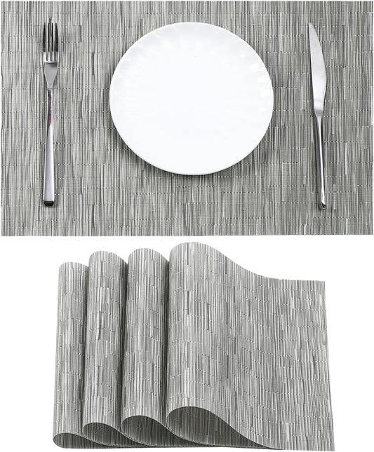 Leetaltree Silver Placemats Set of 4 - Heat Resistant Non-Slip Place mats for Dining Table, Washable Durable PVC Vinyl Woven Table Mats（Silver, 4）