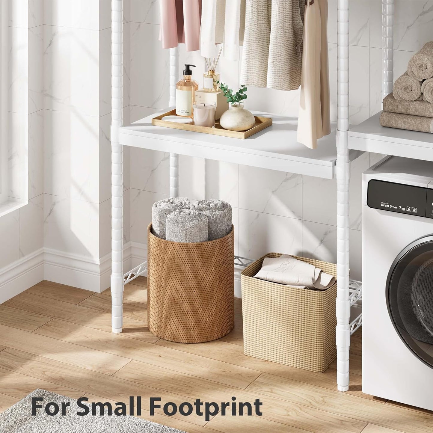 5-Tier Over-The-Washer Shelf - Adjustable 28" Laundry Organizer with 100lb Double Wood Shelves, Space-Saving Storage Unit for Small Homes (White)