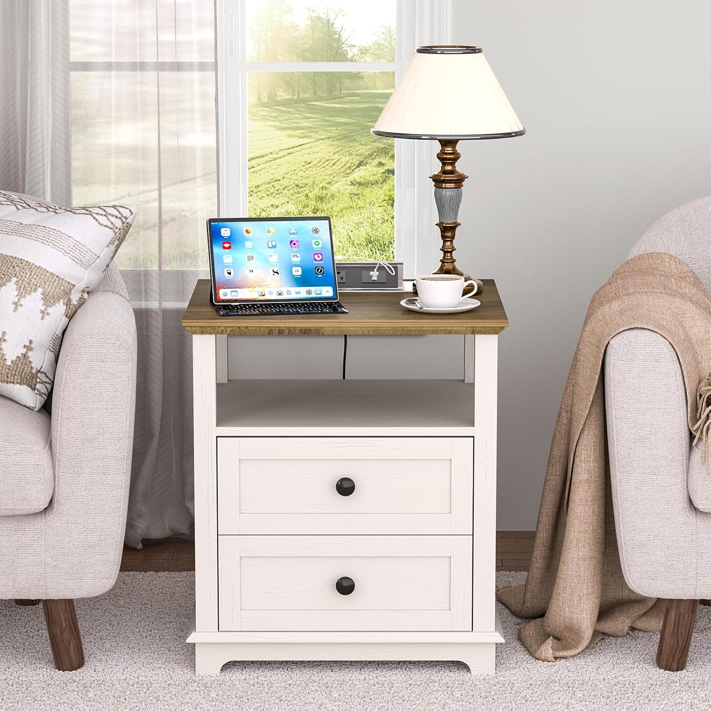 HIFYOBRO Large End Table Set of 2, Flip Top Charging Station and 2 Drawers, Type-C & USB Port & Power outlets, Wooden Storage Cabinet, Side Table with Storage for Living Room and Bedroom (White)