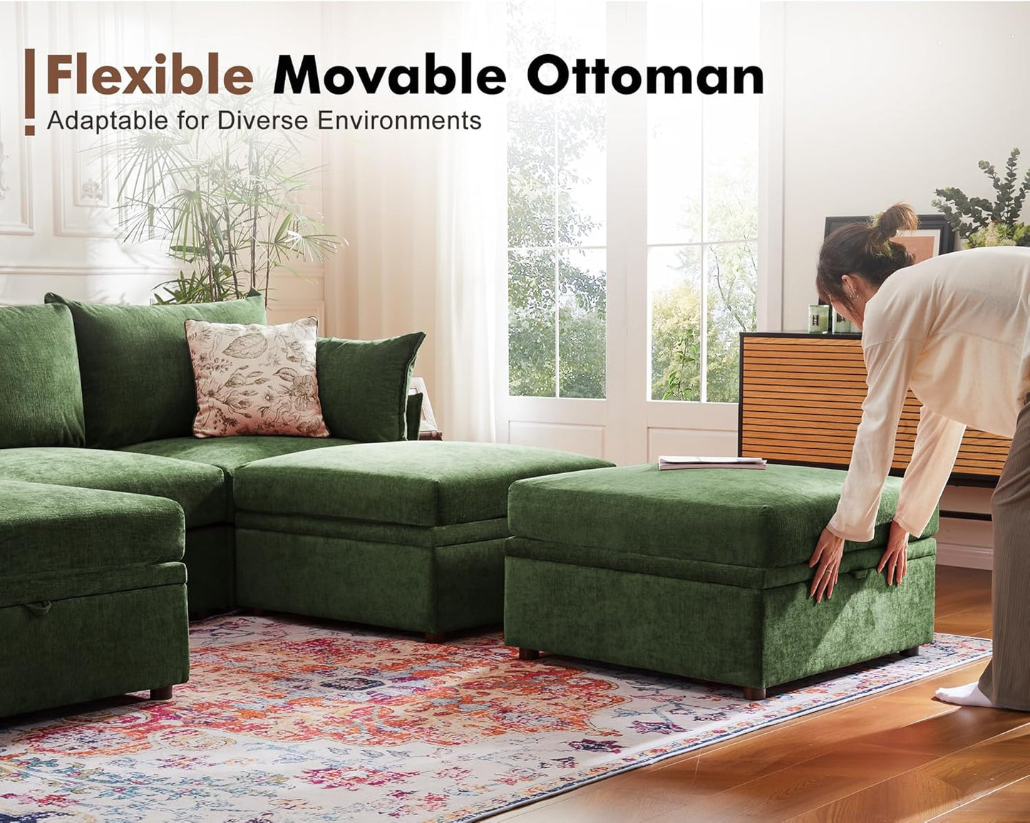 102.6" U Shaped Modular Sectional Sofa, 5 Seater Couch with Storage Ottoman Deep Seat and High Backrest with Removable Cover for Living Room, Apartment - Chenille Green