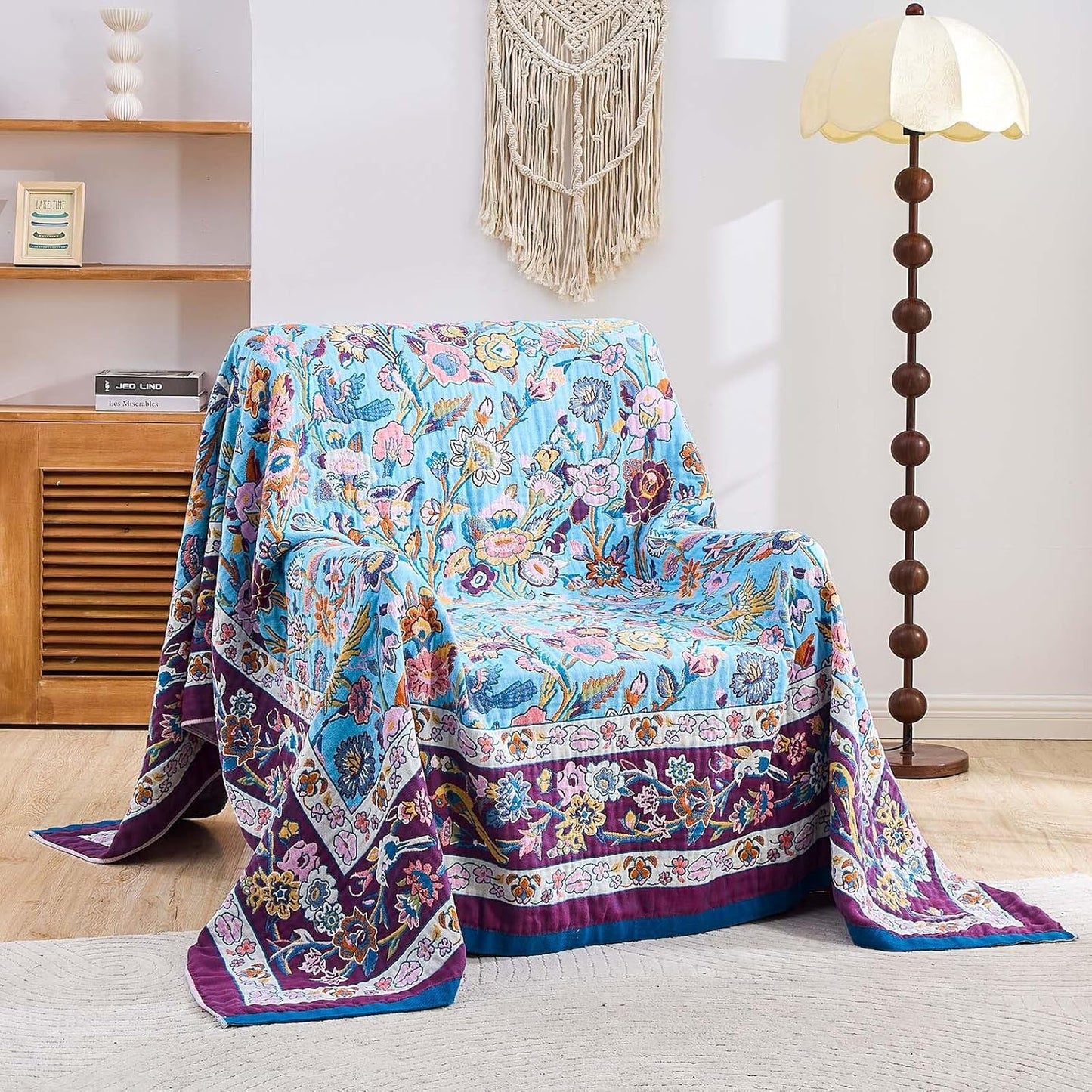 Fall Blanket for Bed, 100% Cotton Soft Rustic Boho Throw Blanket Quilt, 80"x90" Farmhouse Decor Bed Flower Blankets, Light Weight Reversible Bohemian Throw Quilt