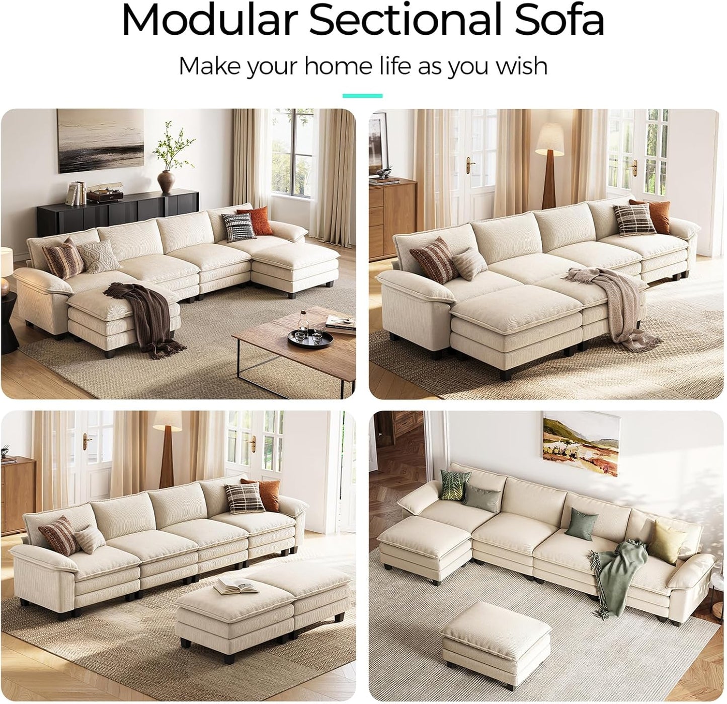 LINSY HOME Modular Sectional Sofa - 157'' Comfy Corduroy Cloud Sofa Oversized U Shaped Couch with Movable Ottoman, Soft Modern Sofa for Living Room Apartment, Beige