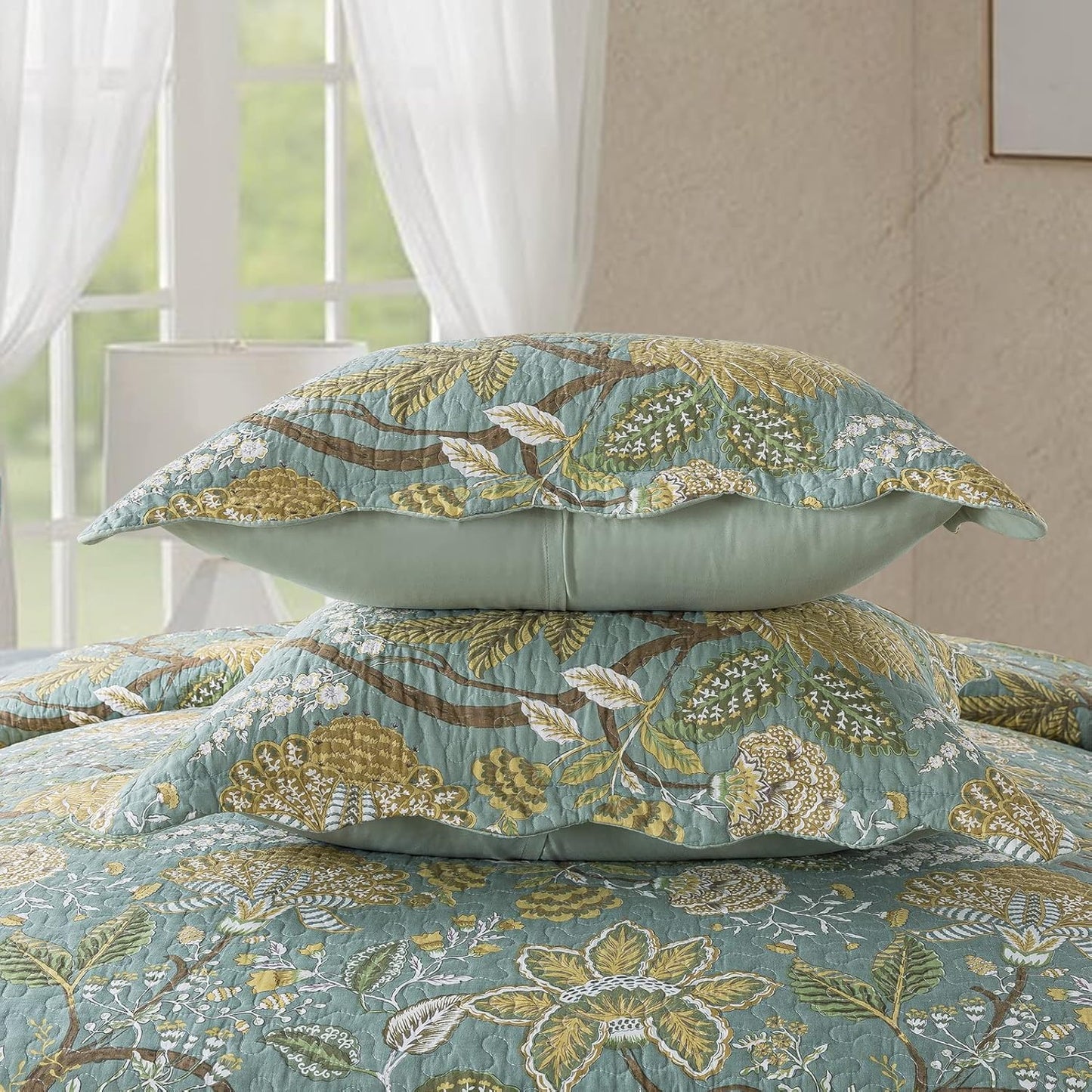 NEWLAKE Cotton Bedspread Quilt Sets-Reversible Patchwork Coverlet Set, Green Floral Pattern, King Size