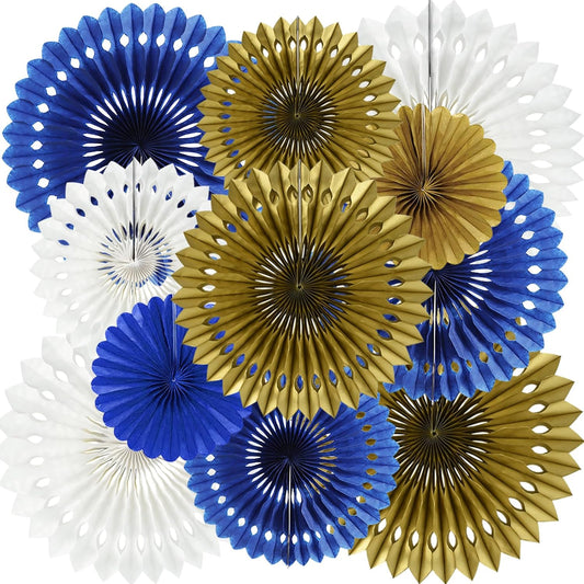 BEISHIDA Blue Gold White Hanging Honeycomb Round Paper Fans Decoration Set for New Year Baby Shower Birthday Wedding Bachelorette Photo Booth Backdrops Anniversary Paper Party Supplies（11packs）