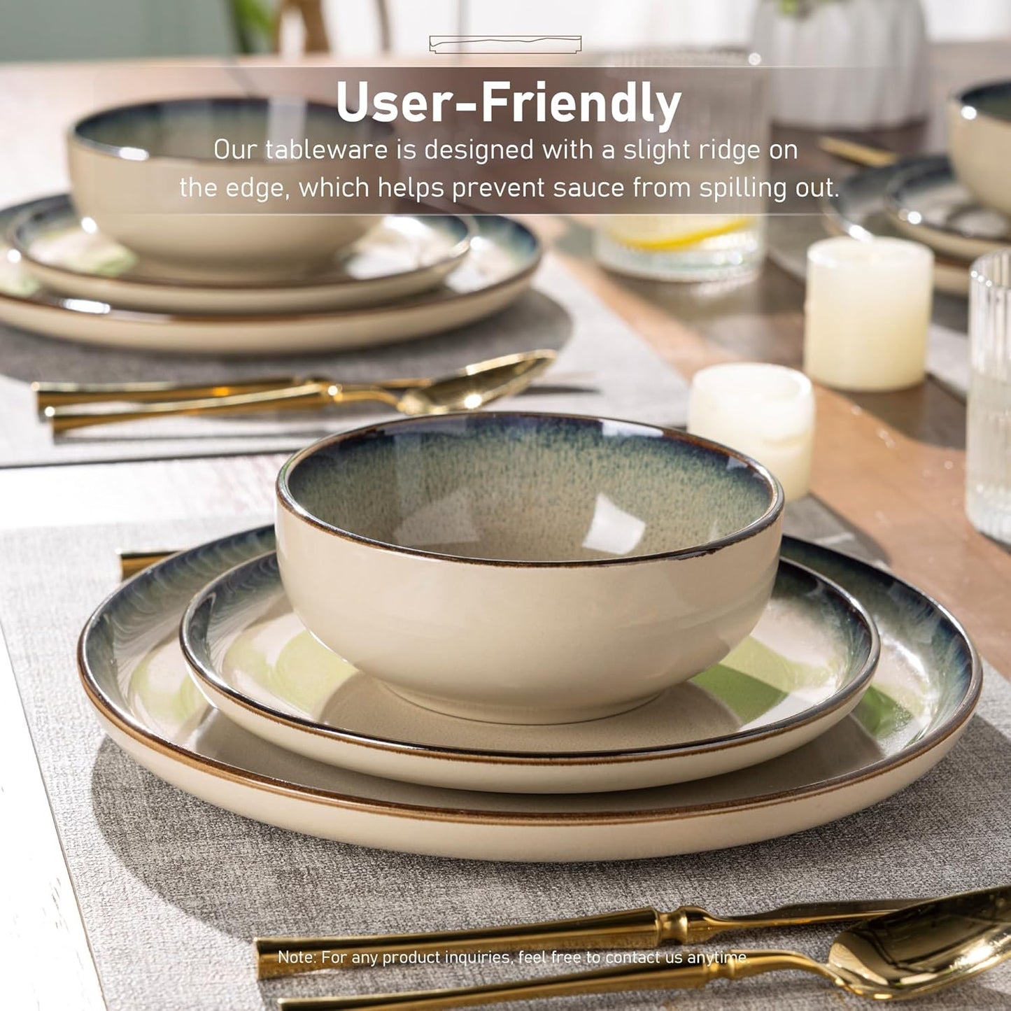 GBHOME Ceramic Dinnerware Sets for 4, 12 Pieces Stoneware Plates and Bowls Sets, Scratch Resistant Dishes, Dishwasher & Microwave Safe, Reactive Glaze-Gravel