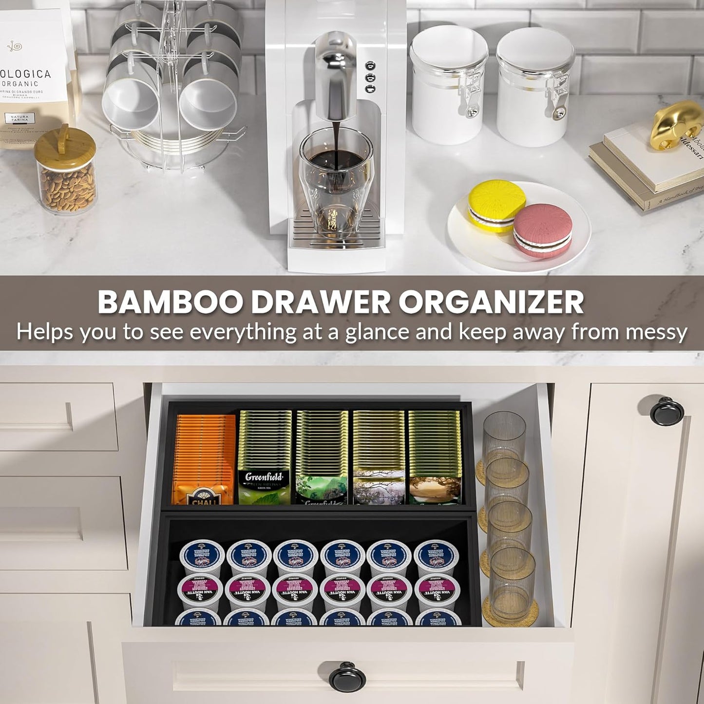 Kitchen Drawer Organizer Bins, Stackable Bamboo Drawer Organizer for Silverware, Coffee Pod Organizer K Cup Holder for Countertop, 2 Pcs Coffee Station Organizer Black 12" x 6" x 2.5"