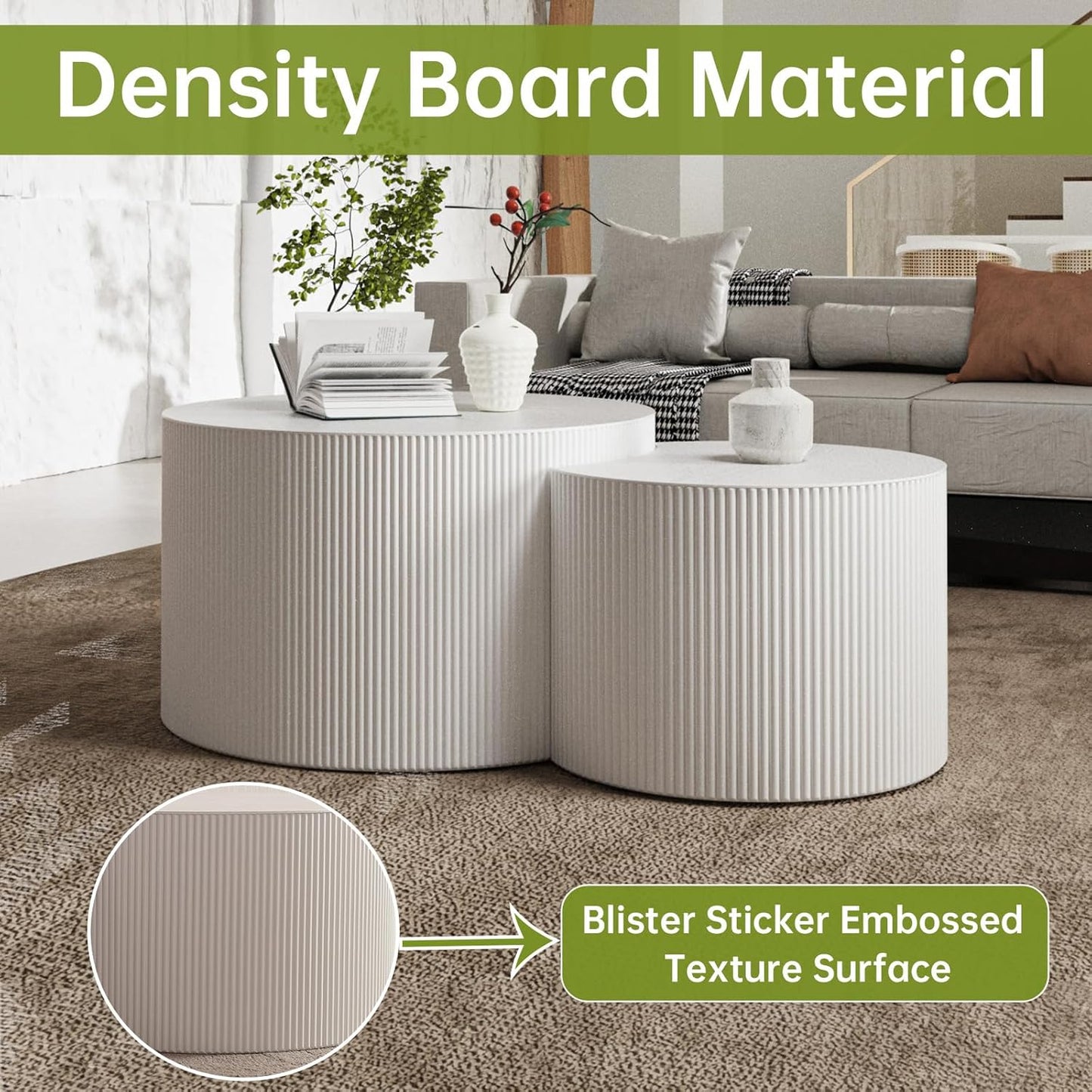 Round Nesting Coffee Table Modern White Fluted Coffee Table Set of 2 for Living Room Circle Drum Coffee Tables Round Nesting Tables Crescent Side Accent End Table for Small Space (White A 27in)