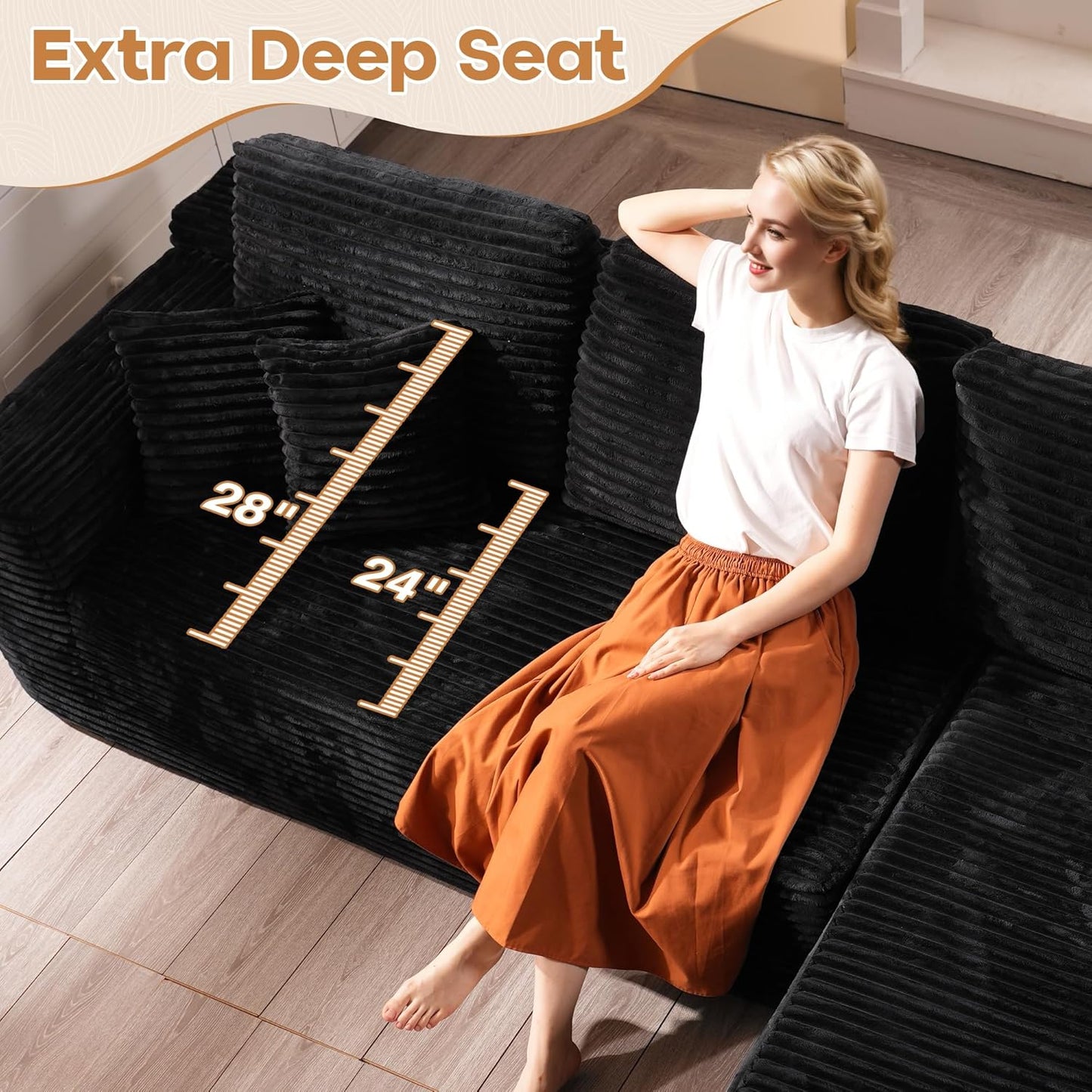 Cloud Sectional Couches for Living Room,U Shaped Modular Sofas No Assembly,135x79 Inches Plush Corduroy Oversized Floor Couch Set with Deep Seat Chaise,Black