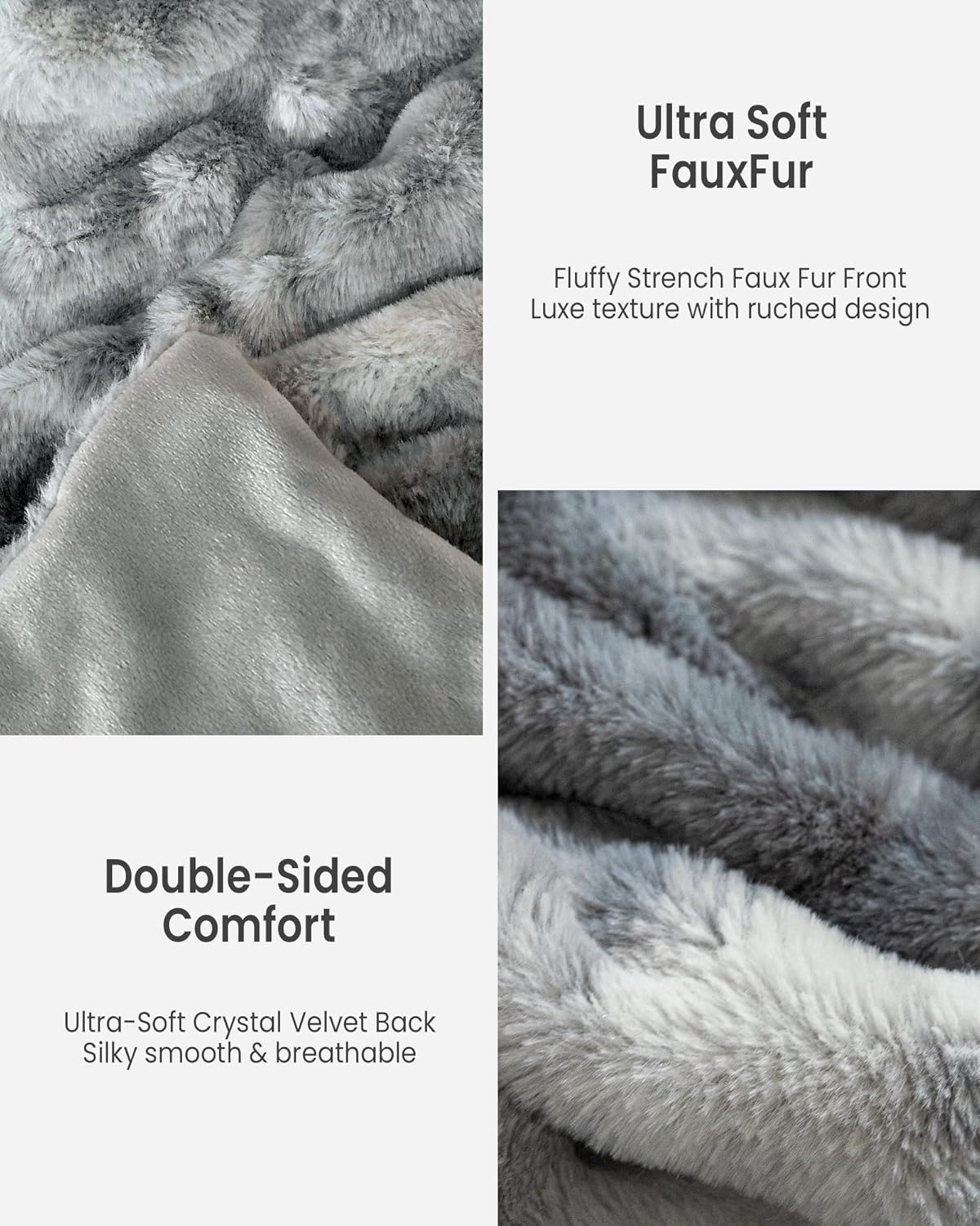 Faux Fur Blanket, Twin Size Oversized Throw Blanket for Couch, Fluffy Blanket with Stretch Ruched Design, Ultra Soft Giftable Home Decor, 60x80 inches, Tie-Dyed in Gray