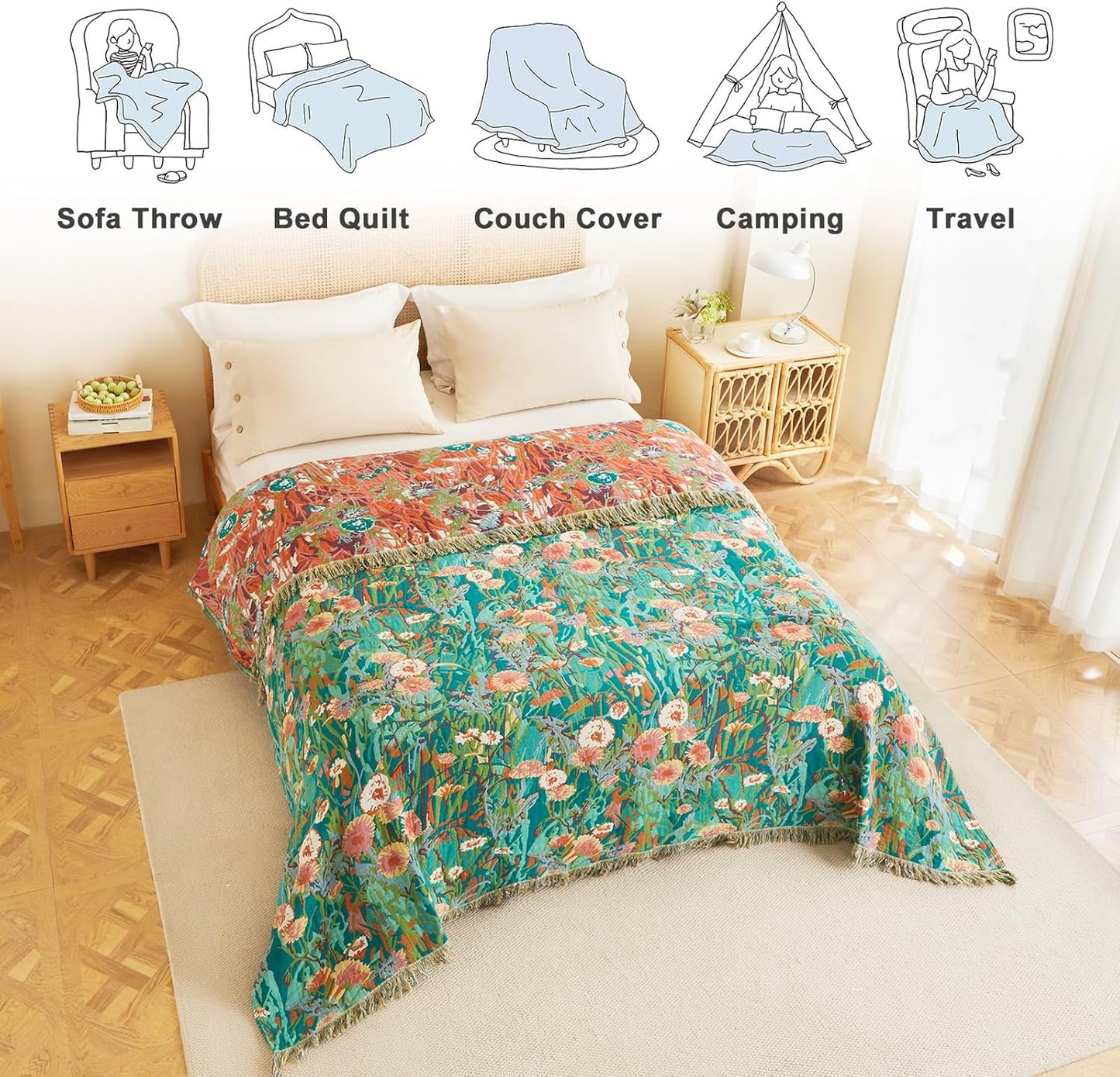 MSGKV Boho Throw Blanket for Bed Twin Size Cotton Muslin Breathable Floral Blanket 60"x80" Sofa Couch Blankets for All Seasons Lightweight Farmhouse Blankets Boho Home Decor