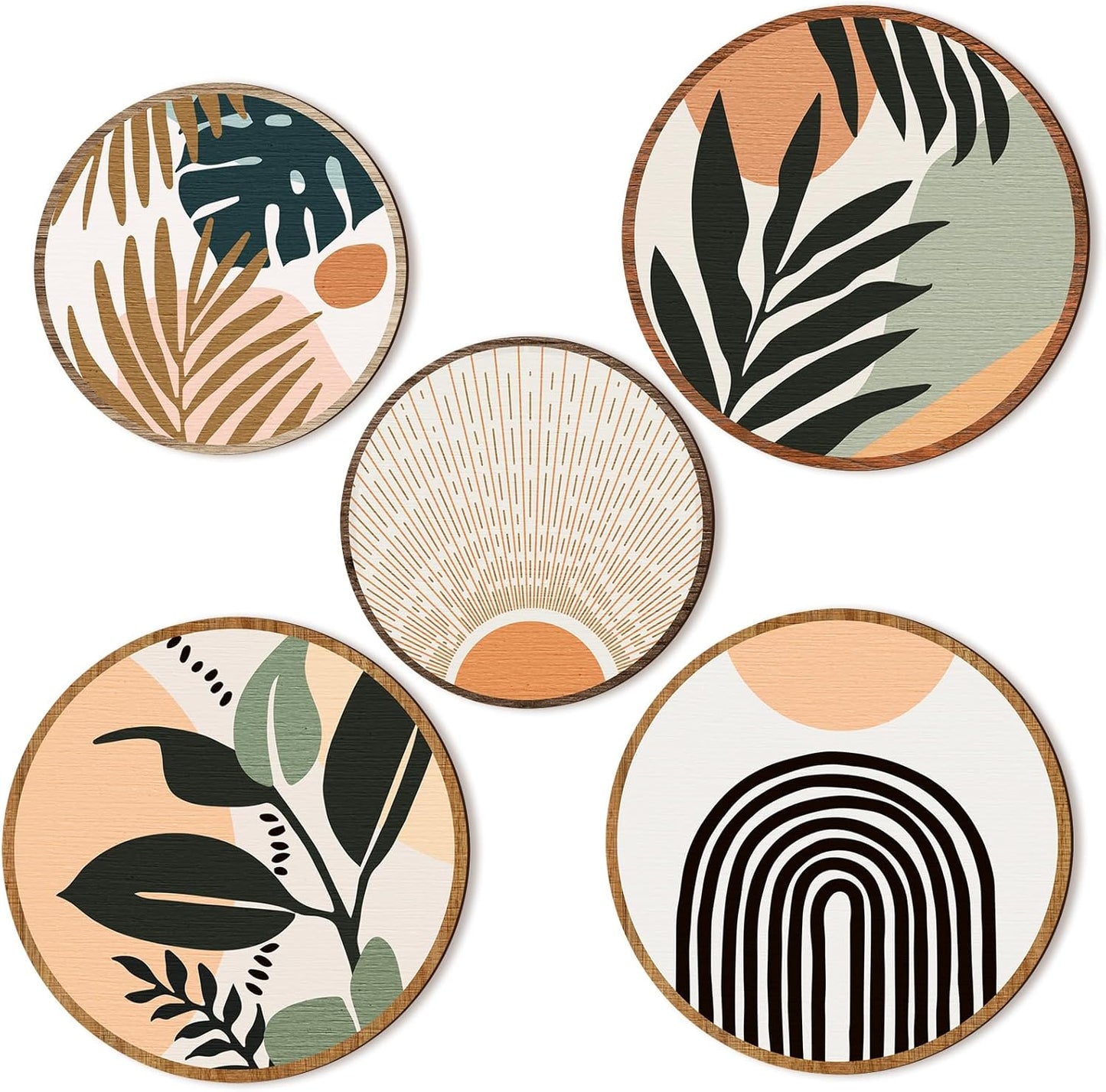 Qunclay 5 Pcs Wall Art Decor Wooden Living Room Wall Decor Bohemian Hanging Farmhouse Geometric 10'' and 8'' Aesthetic Wood Minimalist Posters for Bedroom(Boho, Leaf)