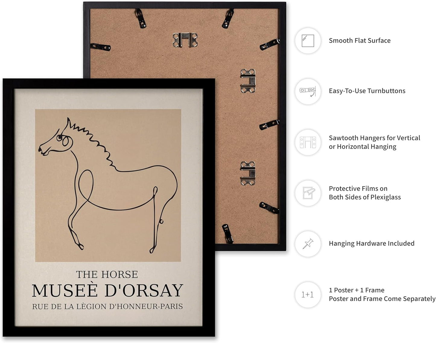 Poster Master Vintage Poster - Retro Minimalist Print - Gift for Artist, Friend - Horse, Line Drawing, Sketch, Abstract - Wall Decor for Living Room, Bedroom, 8x10 Black Framed