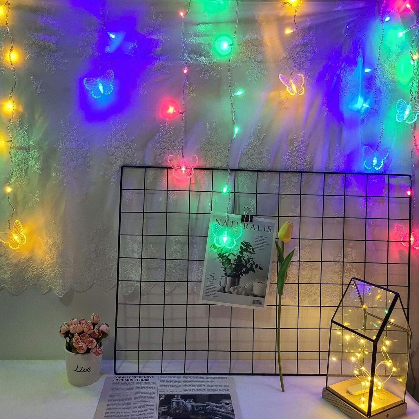 Butterfly Curtain Fairy Lights USB Plug in, 8 Modes 96 LED 11.5FT Firefly Window Twinkle Timer String Lights with Remote for Bedroom Patio Christmas Wedding Party Decoration (Colorful)
