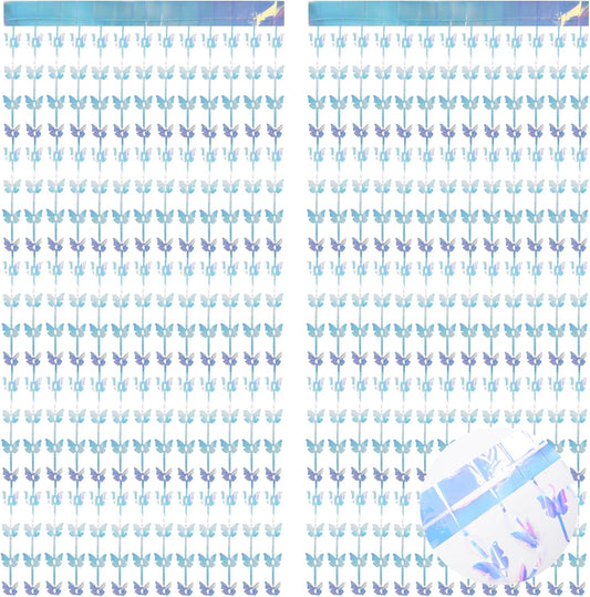 BRAVESHINE Iridescent Hanging Butterfly Foil Fringe Curtain - 2 Pack 3.2x6.6ft Holographic Party Streamers Backdrop for Baby/Bridal Shower/Mermaid/Frozen/Fairy/Princess/Butterfly Birthdays Decorations