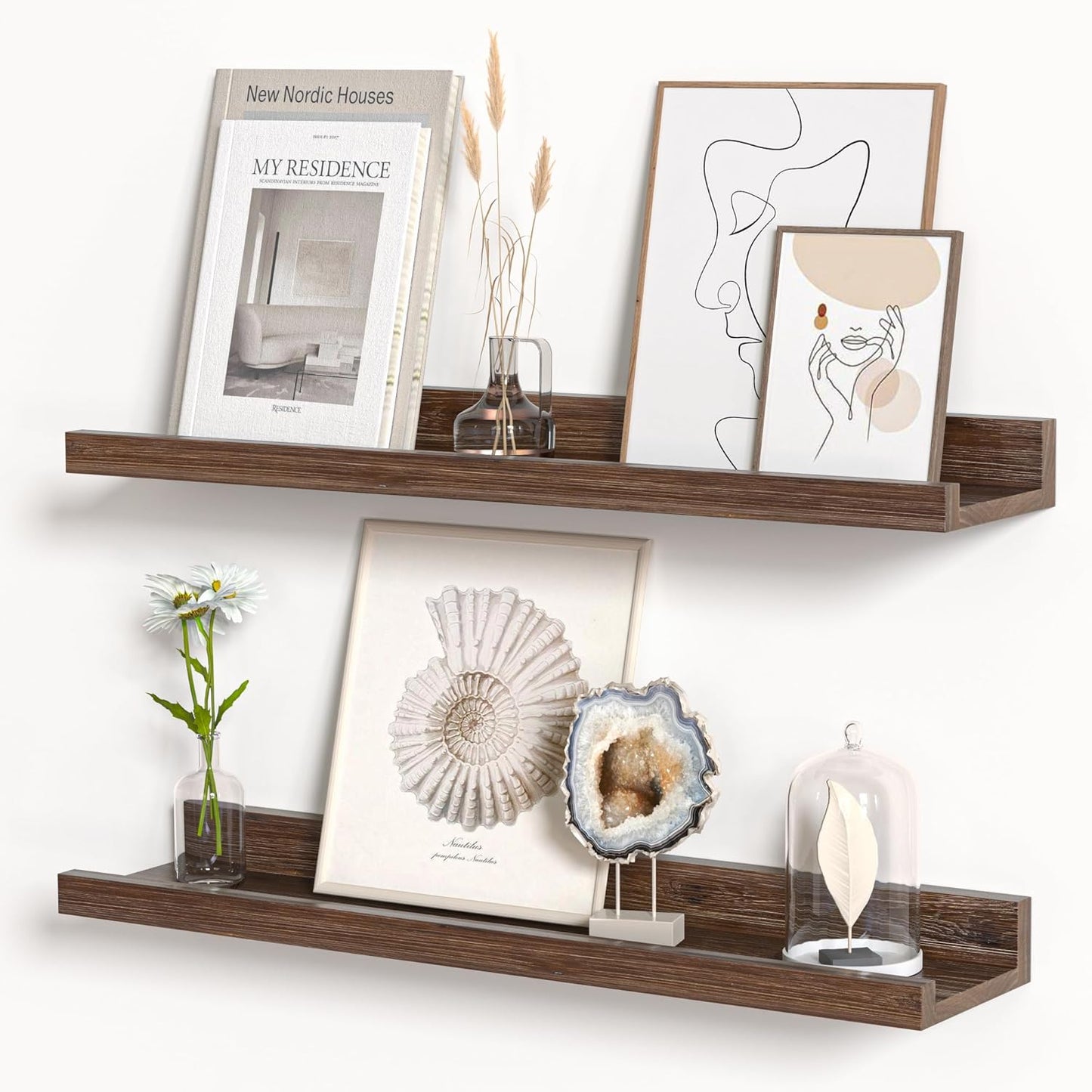 Floating Shelves for Wall, Picture Ledge Shelf 24 Inch Solid Wood Set of 2, Rustic Wall Shelves with Lip, Kids Bookshelf, Photo & Picture Live Edge Floating Shelves for Bedroom, Living Room, Kitchen