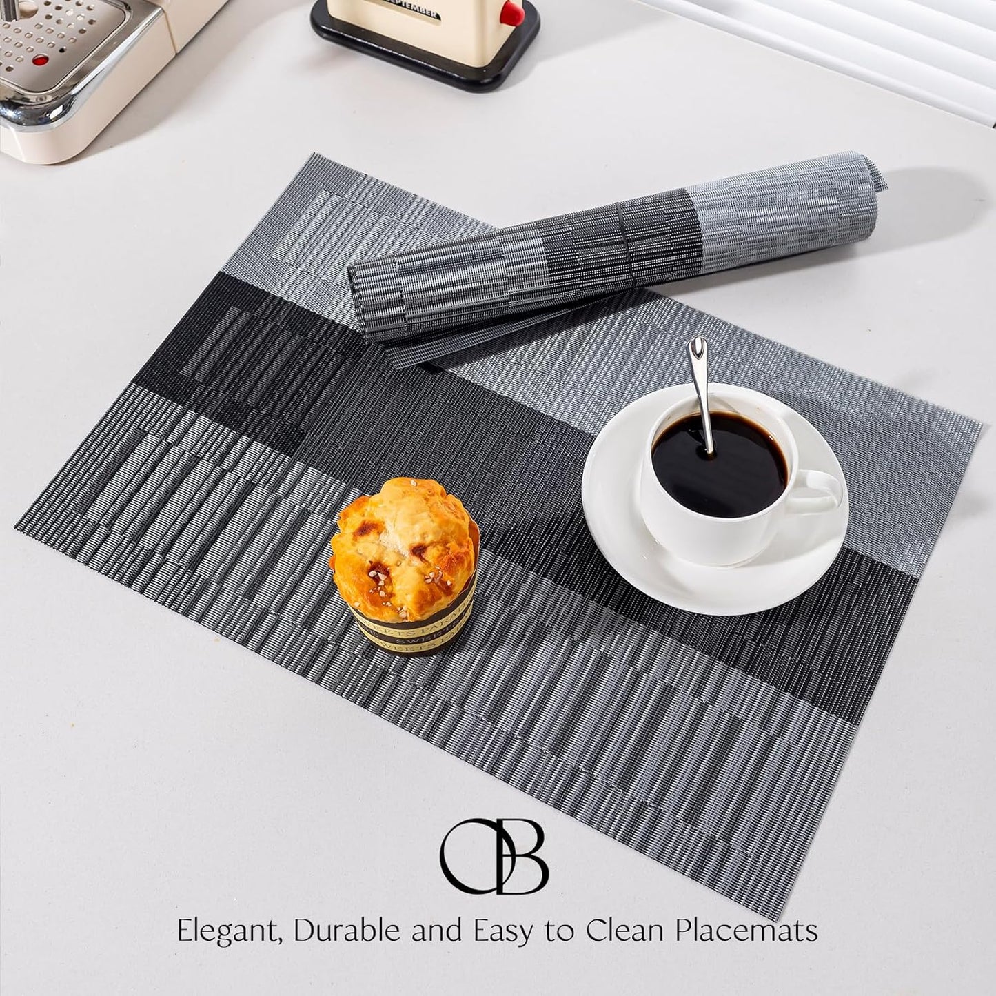 Placemats Set of 4 - Easy Clean Woven Vinyl Placemats for Dining Table, Indoor/Outdoor Place Mats, Washable PVC Table Mats （Silver Gray Black）