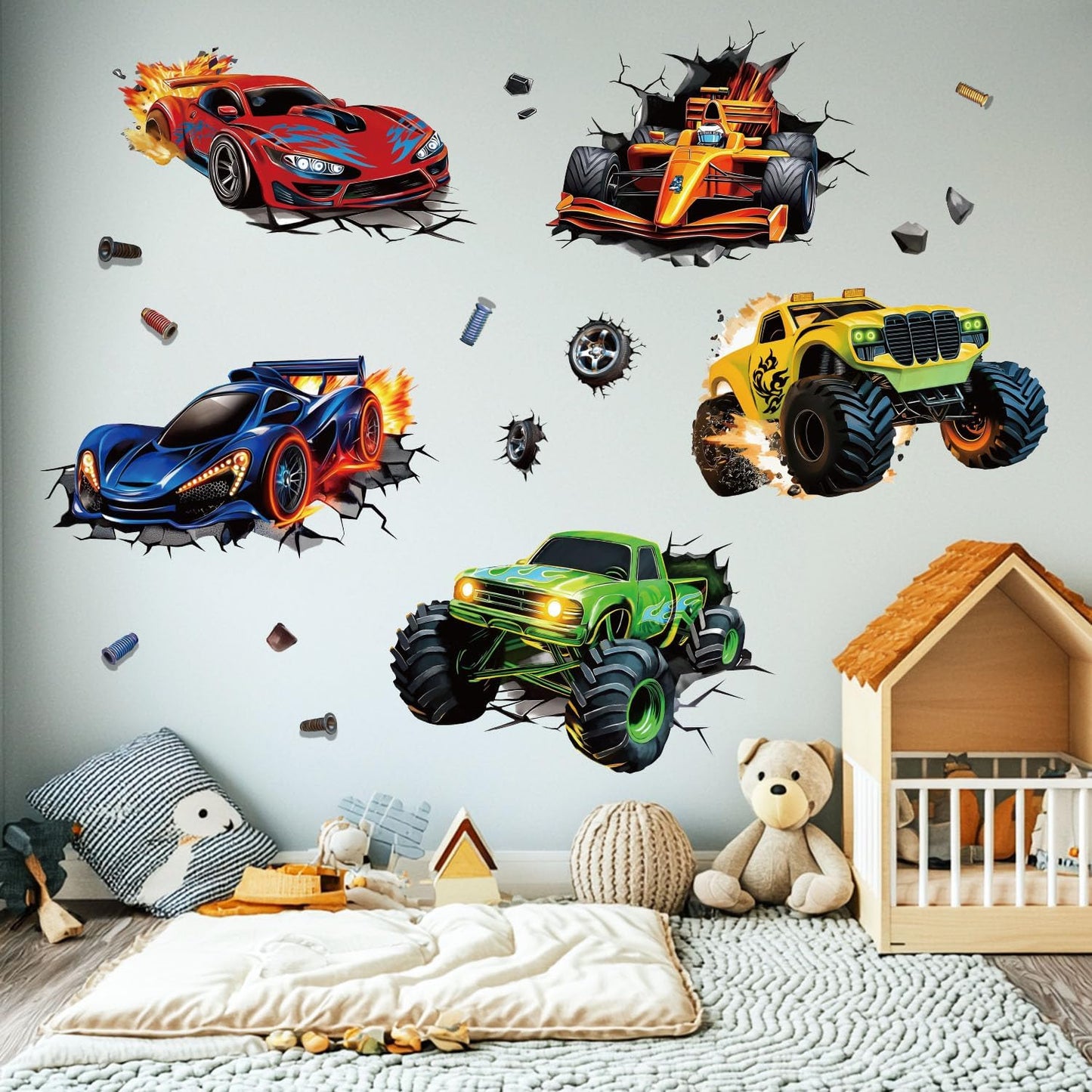 3D Racing Cars Wall Decals - Truck Bursting Through Wall, F1 Racing Cars Wall Stickers for Kids Room Boys Bedroom