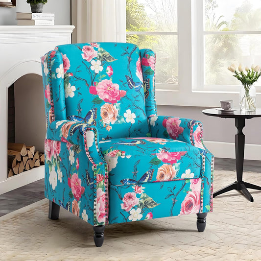 UIXE Floral Pushback Recliner Chair, Fabric Upholstered Armchair Push Back Accent Chair for Living Room, Rivet Trim Club Chair Home Theater Single Sofa Reading Seat - Peacock Blue